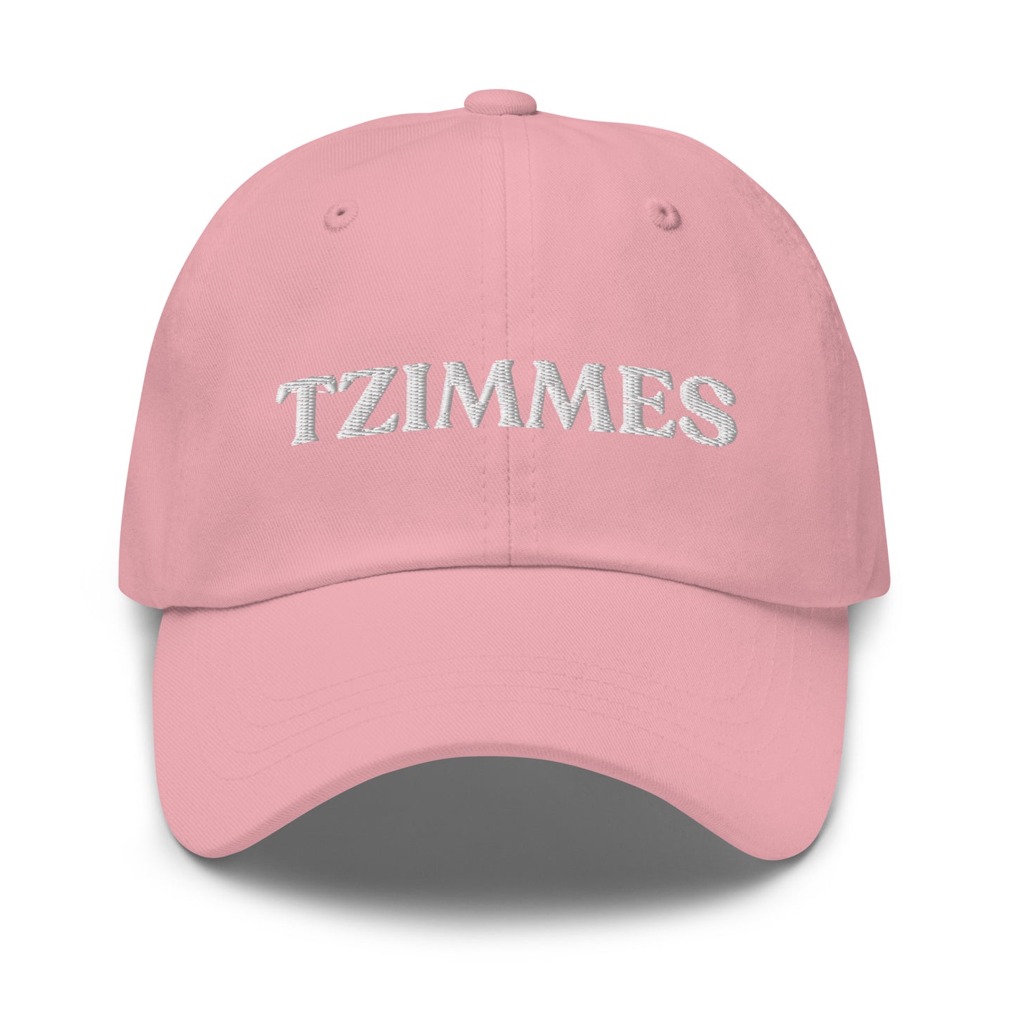 Light Pink Tzimmes Hat - This embroidered Tzimmes Hat is made of comfortable cotton with an adjustable closure and the word "Tzimmes", expertly embroidered on the front. Make a statement and eat your favorite traditional foods in our funny foodie clothing and accessories. This hat is customizable! Just add your custom text and create your new favorite dad hat, right here with us!