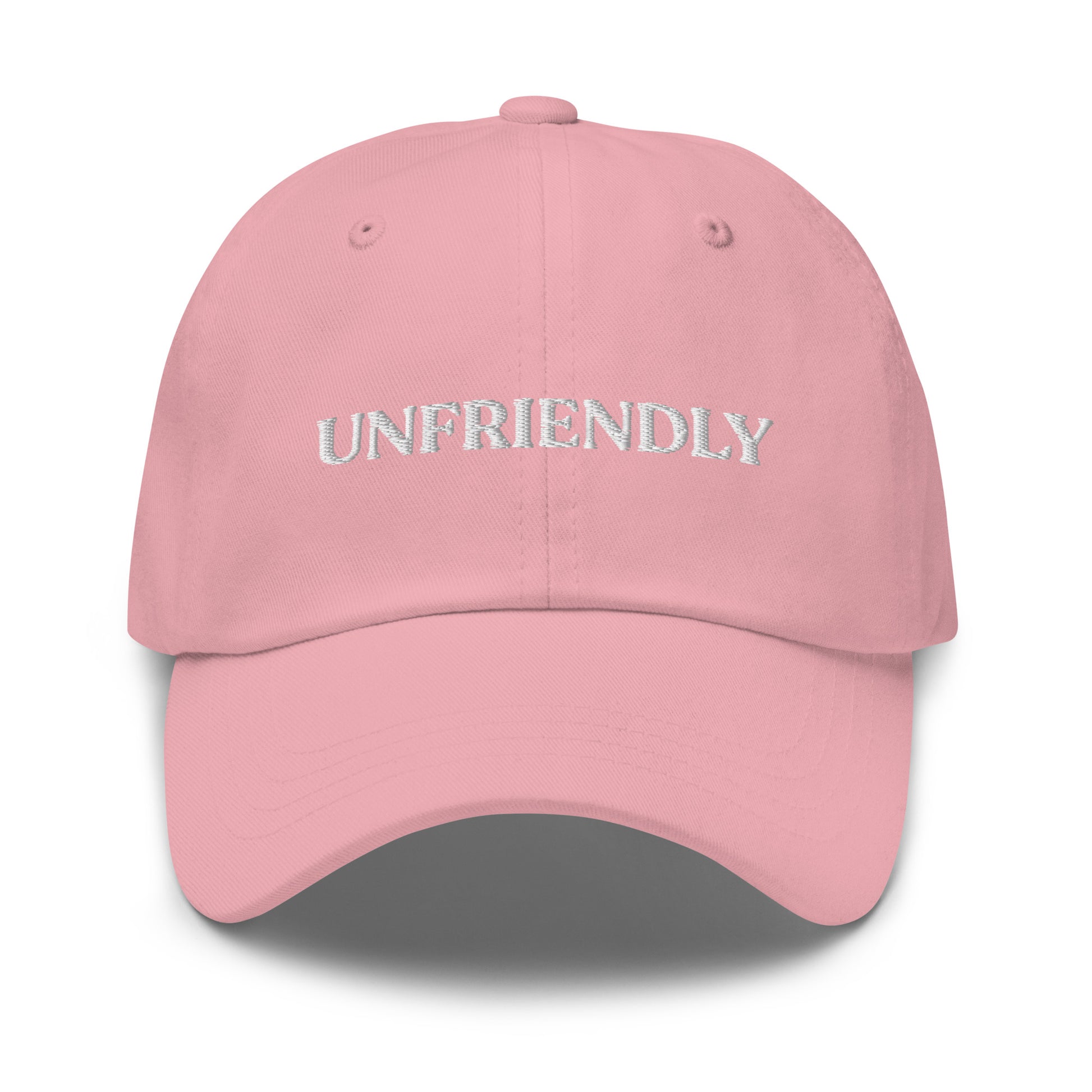 PInk Unfriendly Hat - Are you unfriendly? Want to just be left alone? Our unfriendly dad hat is just what you need! This funny dad is made of comfortable cotton with an adjustable closure and the word "unfriendly", expertly embroidered on the front. It's a funny gift for introverts and a classic hat for everyday style.