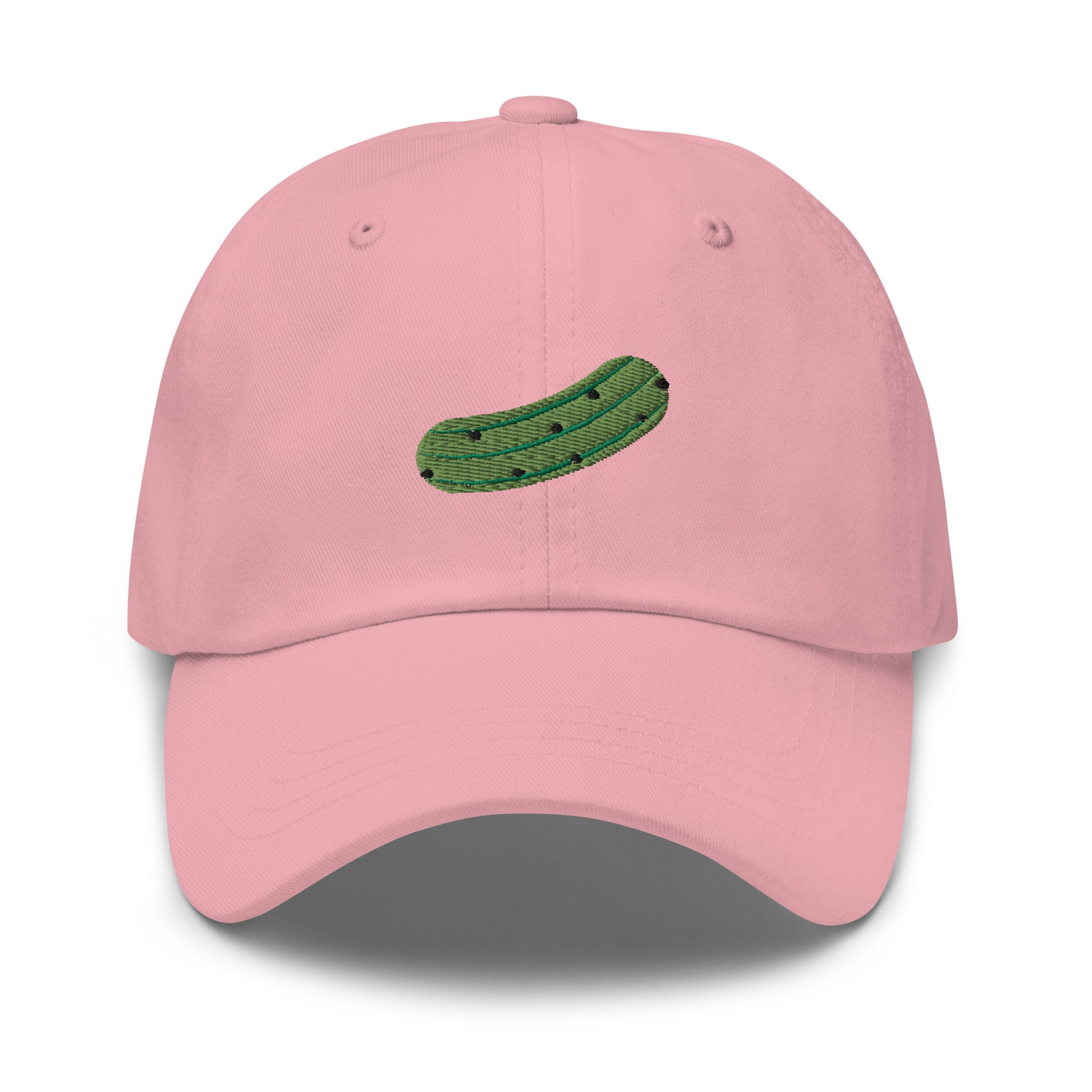 Pink Pickles Hat - Love pickles? Looking for a funny gift for a pickle friend? This embroidered pickle hat is made of comfortable cotton with an adjustable closure and a green pickle the front. Make a statement and eat your favorite pickles in this funny foodie accessory.