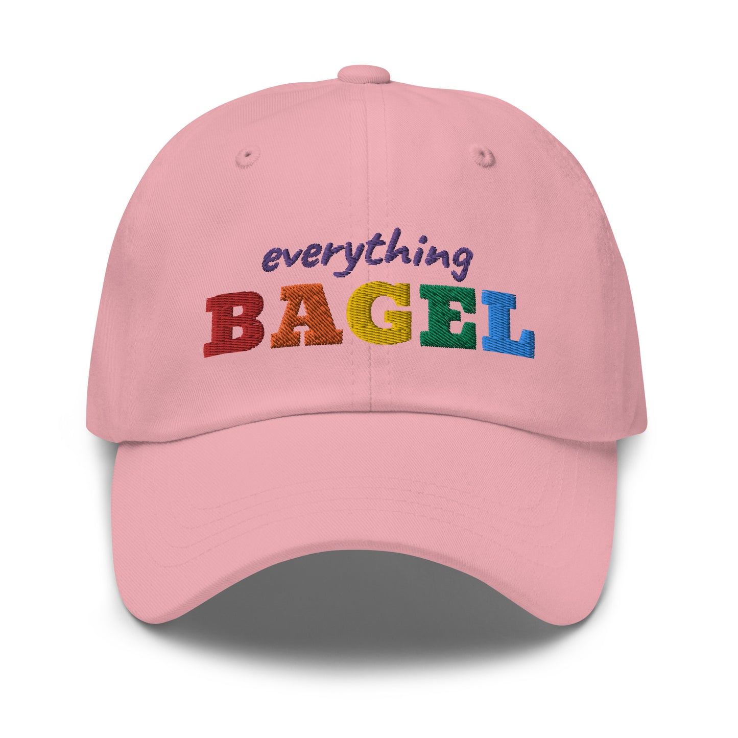 Pink Dad Hat with Pride Design - Our Everything Bagel Pride Dad Hat is comfortable and made of 100% cotton. It's a classic dad hat with a funny rainbow design for pride. Perfect for everyday streetwear, this unique pride hat is sure to turn heads. Looking for something personalized? Shoot us an email!