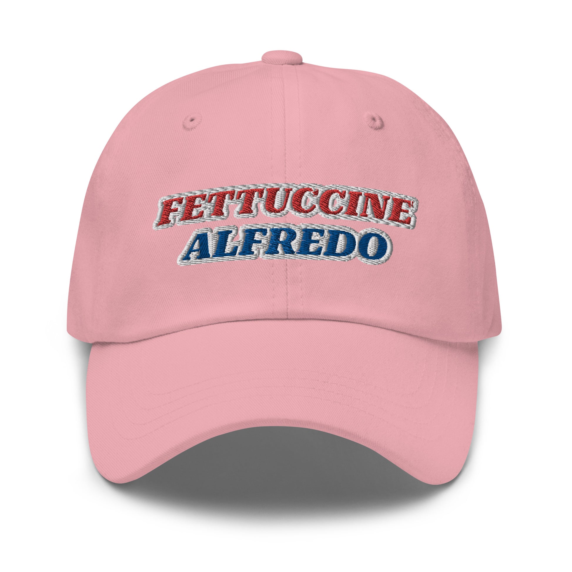 Pink Fettuccine Alfredo Hat - Make a statement in our red, white and blue Fettuccine Alfredo hat. It's a classic dad hat with a red, white, and blue design, expertly embroidered on the front. Perfect for everyday streetwear or a funny fourth of July hat, it's comfortable and made just for you.