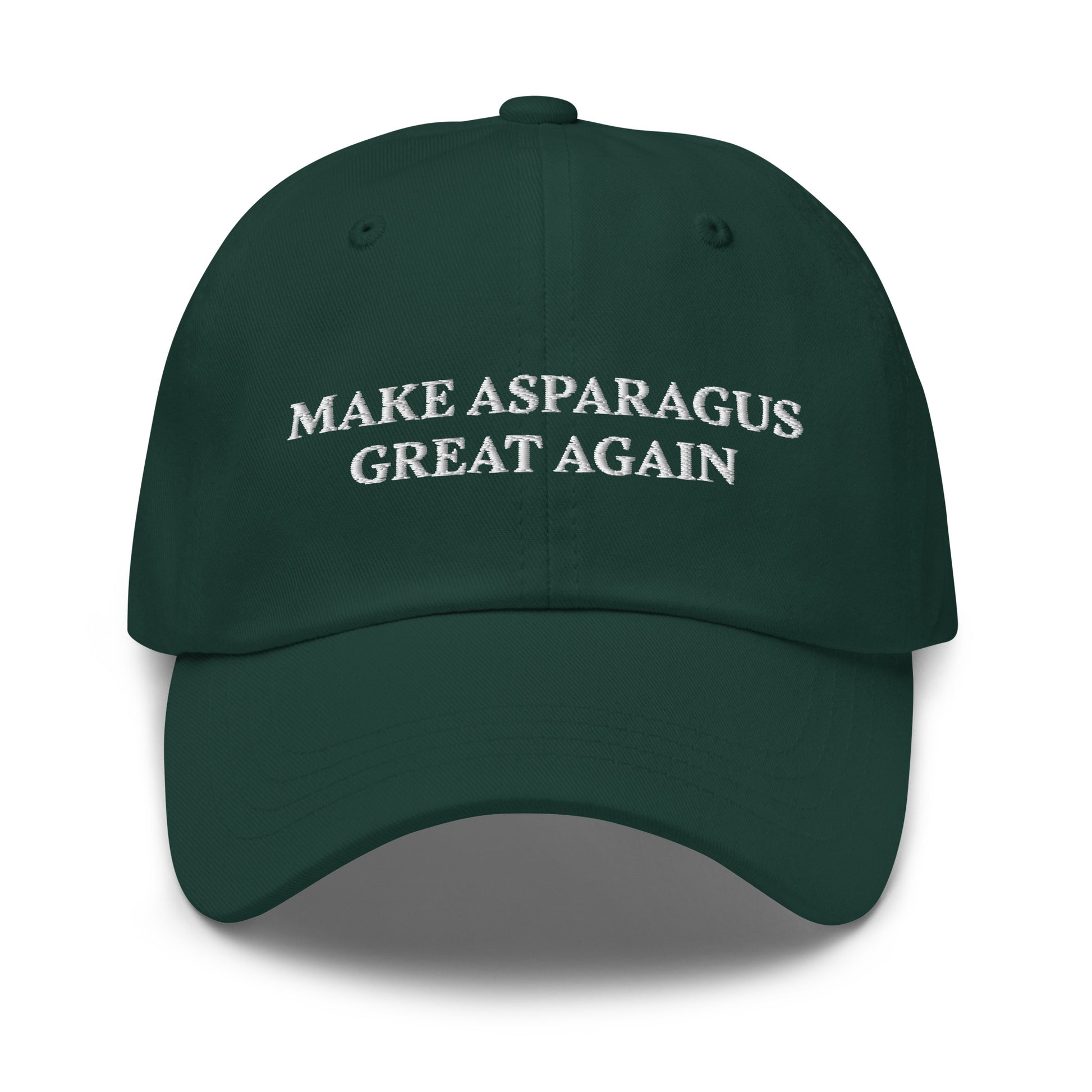 Make Asparagus Great Again Green Sarcastic Maga Dad Hat from Nina's Funky Shop by ninanush - MAKE ASPARAGUS GREAT AGAIN! This dad hat is not just for dads! Our Make Asparagus Great Again Hat is a sarcastic MAGA hat for foodies of all kinds. This classic unisex dad hat has a low profile, adjustable strap, and a curved visor. Wear this embroidered funny MAGA hat and add a little personality to your everyday style.