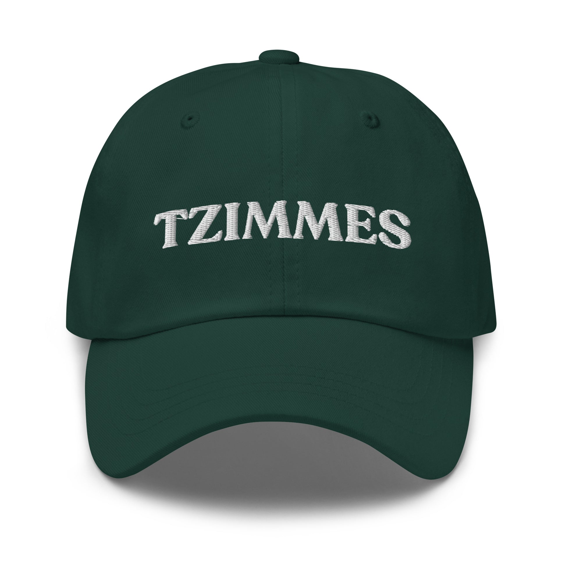 Green Funny Passover Tzimmes Hat - This embroidered Tzimmes Hat is made of comfortable cotton with an adjustable closure and the word "Tzimmes", expertly embroidered on the front. Make a statement and eat your favorite traditional foods in our funny foodie clothing and accessories. This hat is customizable! Just add your custom text and create your new favorite dad hat, right here with us!