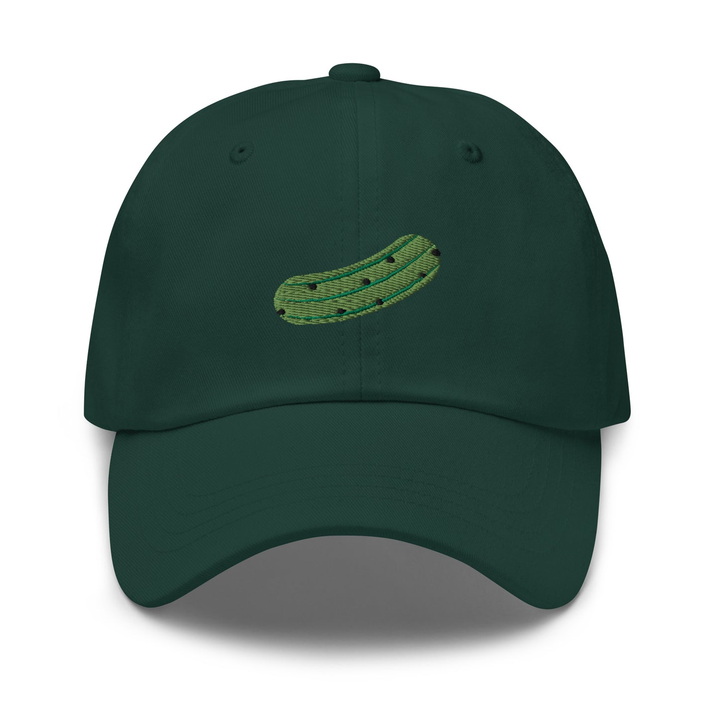 Green Pickle Hat - Love pickles? Looking for a funny gift for a pickle friend? This embroidered pickle hat is made of comfortable cotton with an adjustable closure and a green pickle the front. Make a statement and eat your favorite pickles in this funny foodie accessory.