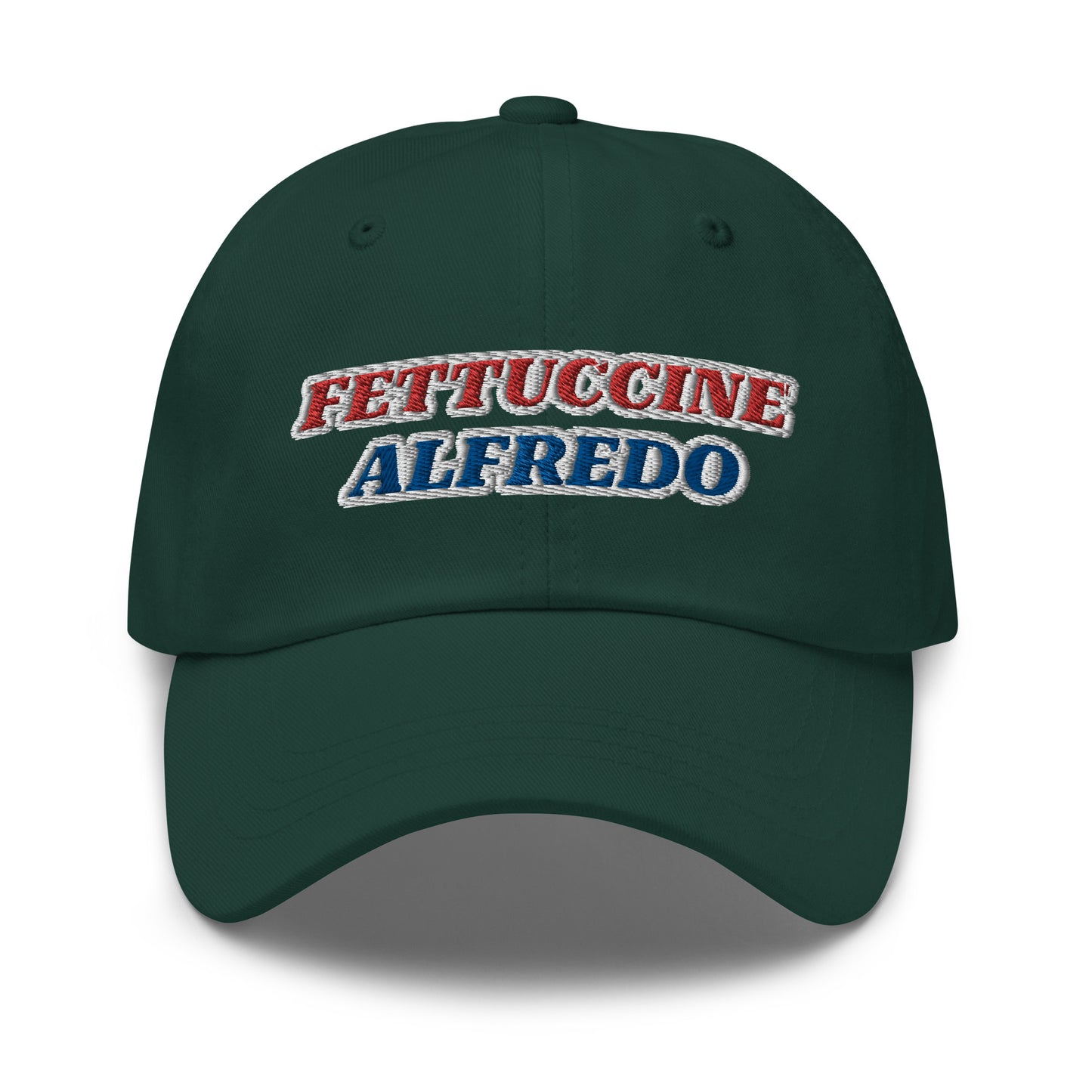 Green Fettuccine Alfredo Hat - Make a statement in our red, white and blue Fettuccine Alfredo hat. It's a classic dad hat with a red, white, and blue design, expertly embroidered on the front. Perfect for everyday streetwear or a funny fourth of July hat, it's comfortable and made just for you.