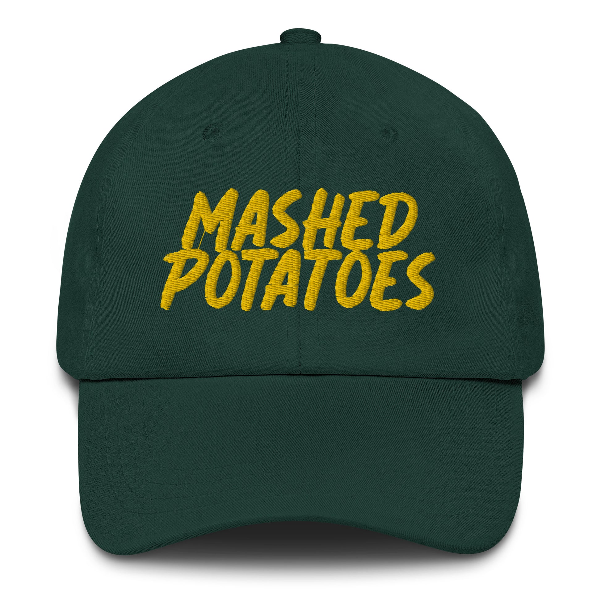 Green Mashed Potatoes Hat - Love mashed potatoes? Our Mashed Potato Hat is comfortable, adjustable and comes in a variety of colors with "Mashed Potatoes", expertly embroidered just for you. Looking for something personalized? Shoot us a message! 
