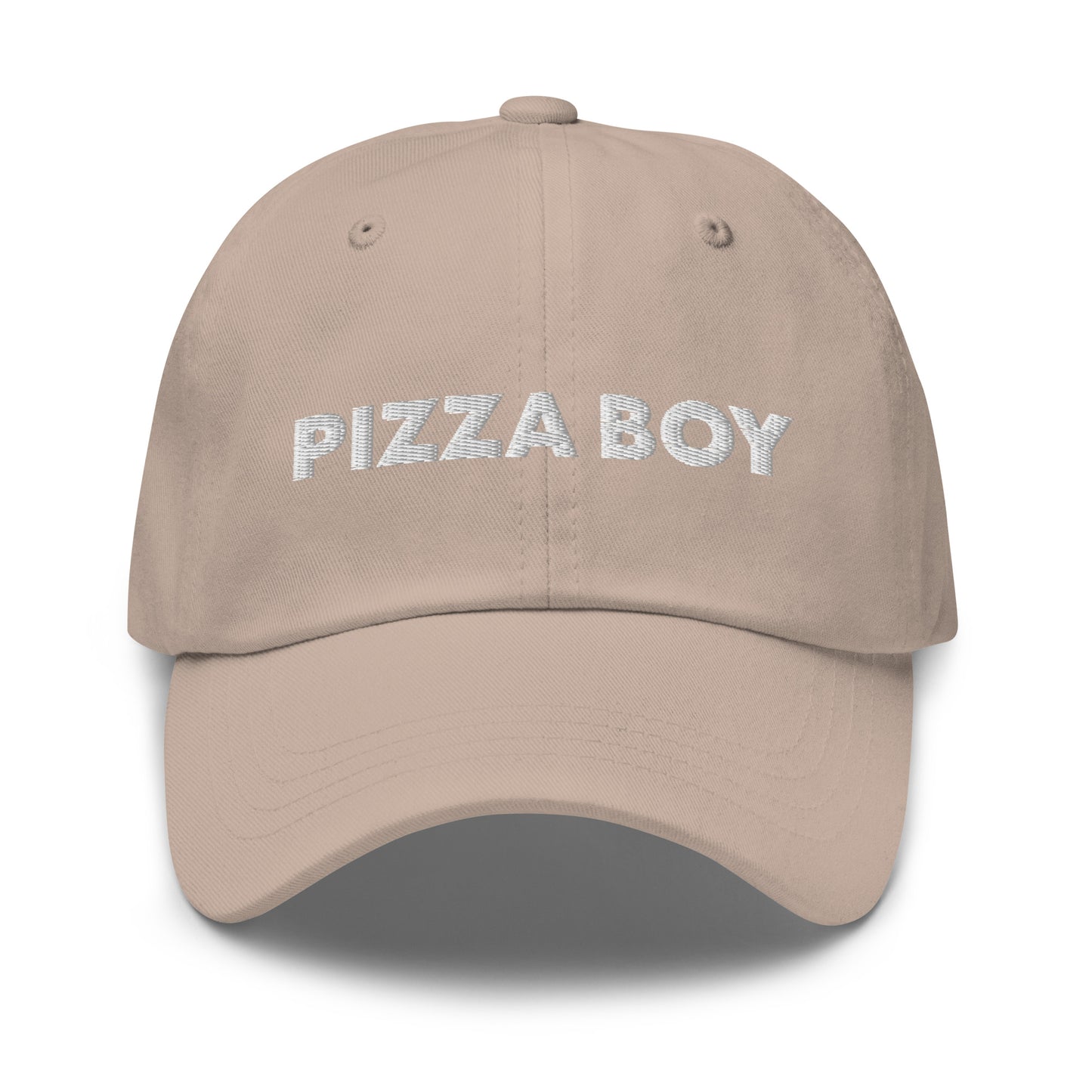 Beige Pizza Boy Hat - This Pizza Boy Hat is comfortable, comes in a variety of colors and is the perfect accessory for everyday wear. It's a classic cotton dad hat with an adjustable strap and the words "Pizza Boy", expertly embroidered on the front.