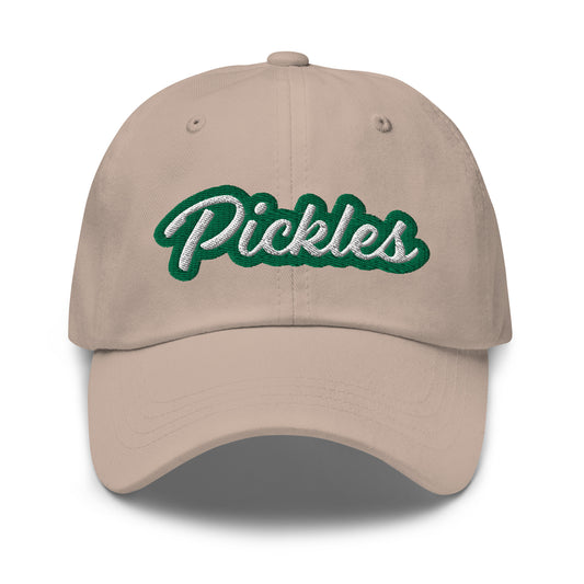 Tan Pickles Hat - Love pickles? Looking for a funny gift for a pickle friend? This pickles hat is made of comfortable cotton with an adjustable closure and the word "pickles", expertly embroidered on the front in green and white. Make a statement and eat your favorite pickles in this funny foodie accessory. 