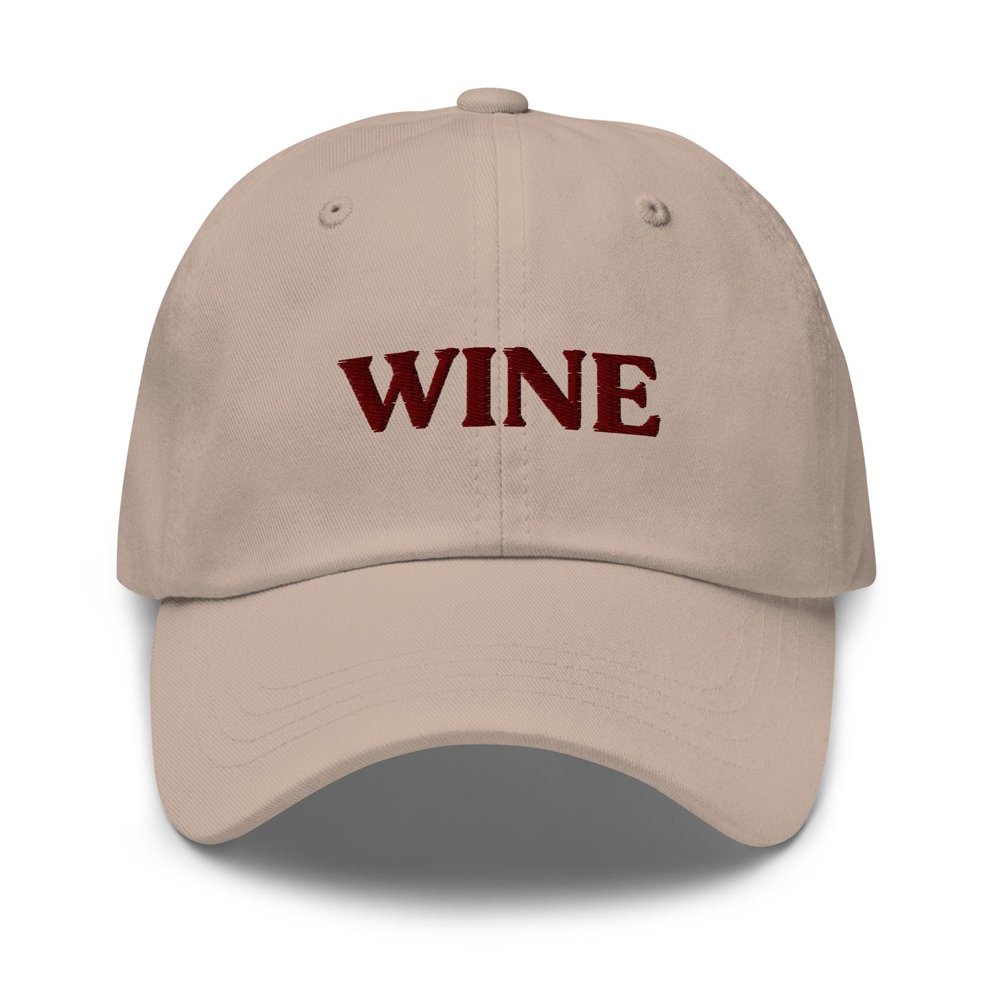 Tan Wine Hat - This embroidered wine hat is made of comfortable cotton with an adjustable closure and "wine", expertly embroidered on the front. Make a statement and drink your favorite wine in our funny foodie clothing and accessories. Looking for something personalized? Shoot us an email!