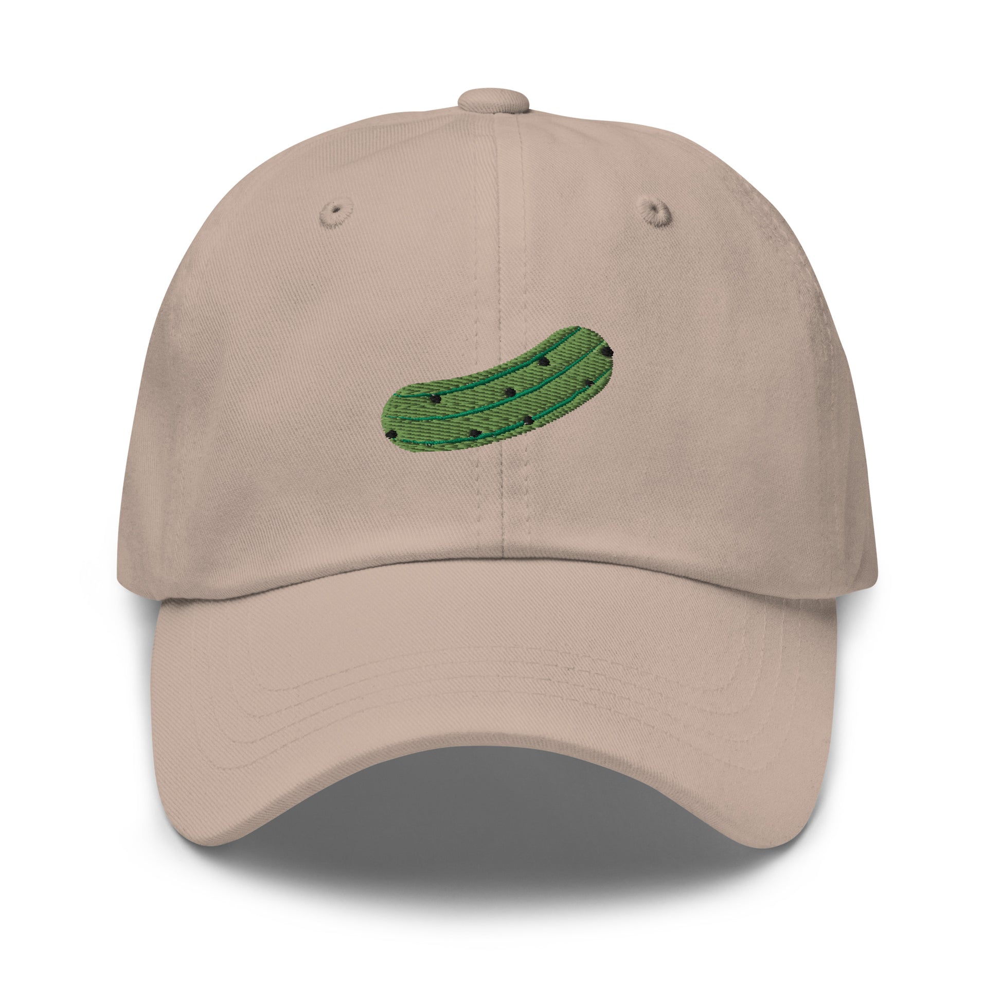 Stone Pickle Hat - Love pickles? Looking for a funny gift for a pickle friend? This embroidered pickle hat is made of comfortable cotton with an adjustable closure and a green pickle the front. Make a statement and eat your favorite pickles in this funny foodie accessory.