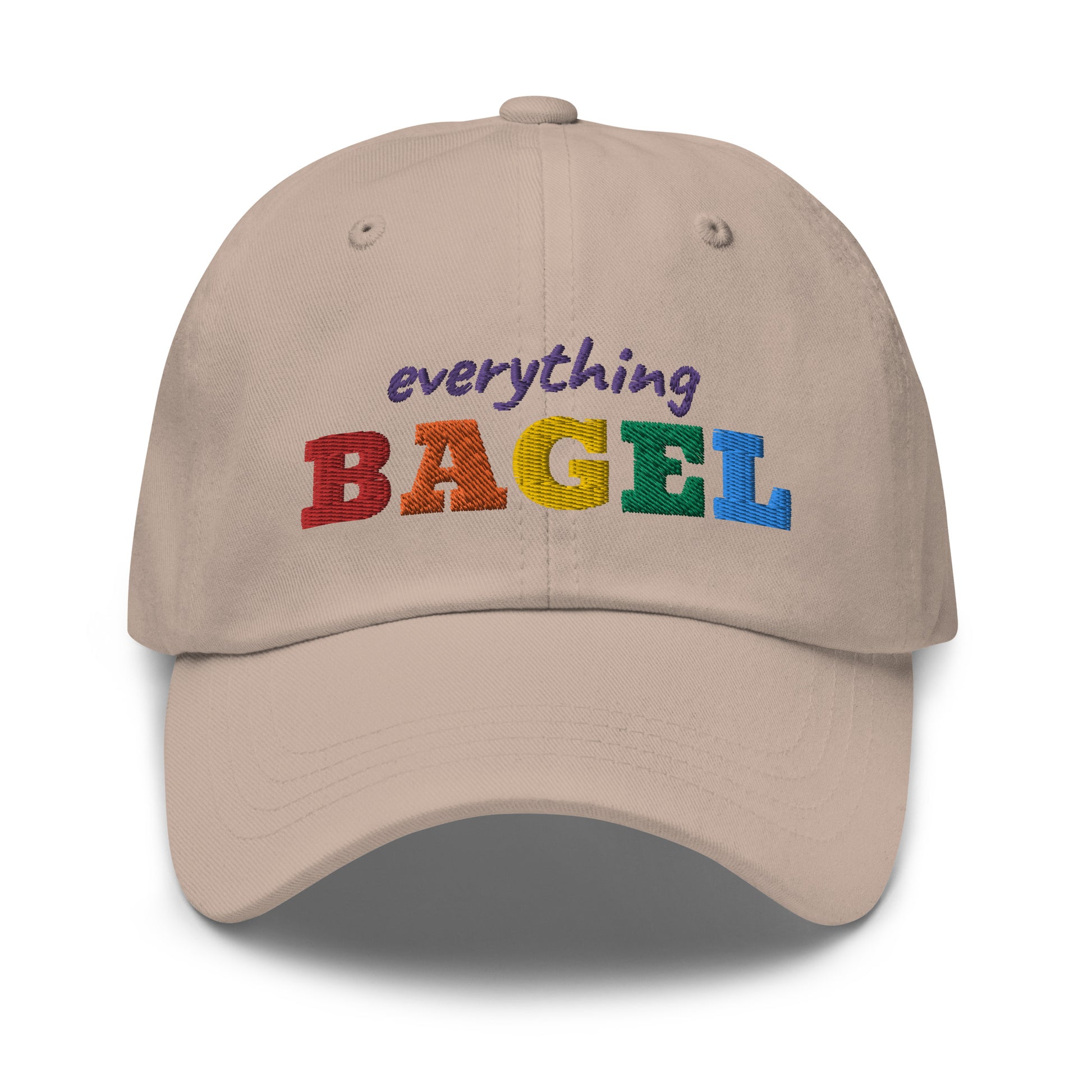 Tan Dad Hat with Pride Design - Our Everything Bagel Pride Dad Hat is comfortable and made of 100% cotton. It's a classic dad hat with a funny rainbow design for pride. Perfect for everyday streetwear, this unique pride hat is sure to turn heads. Looking for something personalized? Shoot us an email!