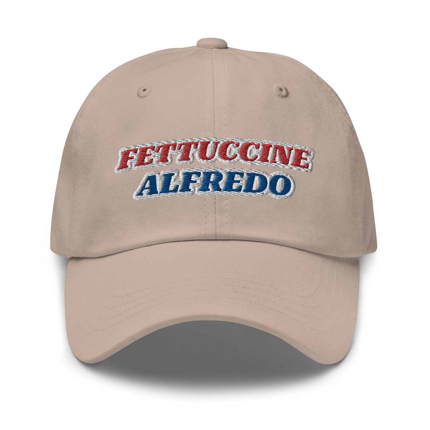 Stone Fettuccine Alfredo Hat - Make a statement in our red, white and blue Fettuccine Alfredo hat. It's a classic dad hat with a red, white, and blue design, expertly embroidered on the front. Perfect for everyday streetwear or a funny fourth of July hat, it's comfortable and made just for you.