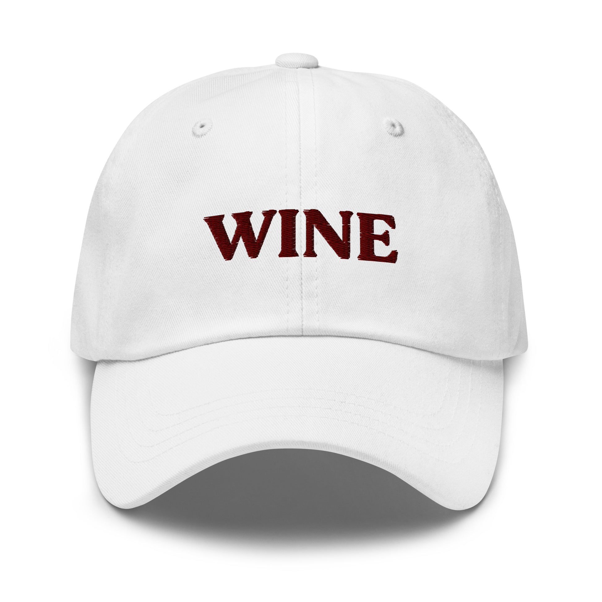 White Wine Hat - This embroidered wine hat is made of comfortable cotton with an adjustable closure and "wine", expertly embroidered on the front. Make a statement and drink your favorite wine in our funny foodie clothing and accessories. Looking for something personalized? Shoot us an email! 