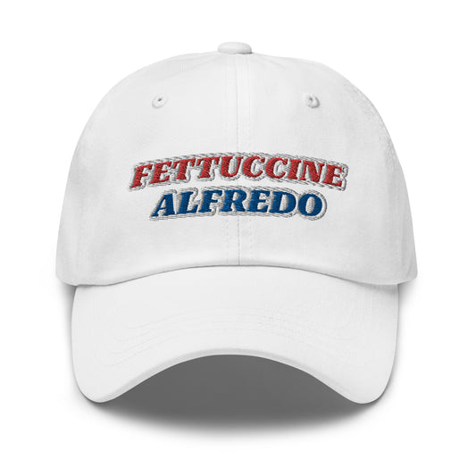 White Fettuccine Alfredo Hat - Make a statement in our red, white and blue Fettuccine Alfredo hat. It's a classic dad hat with a red, white, and blue design, expertly embroidered on the front. Perfect for everyday streetwear or a funny fourth of July hat, it's comfortable and made just for you. 