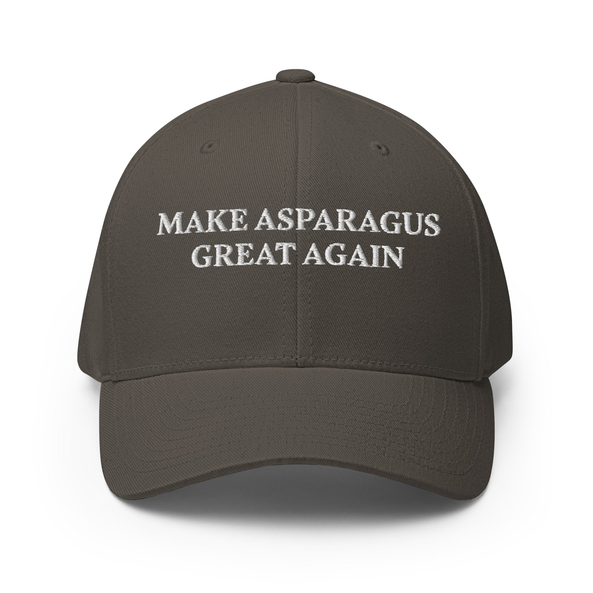 Dark Gray Make Asparagus Great Again Sarcastic MAGA hat from Nina's Funky Shop by ninanush - Love asparagus? This Make Asparagus Great Again Hat is funny and sarcastic. Available in two sizes with an elastic stretch band, this hat is comfortable, comes in a variety of colors and is made just for you. It has an athletic shape with a curved visor and a sarcastic MAGA saying, expertly embroidered on the front.