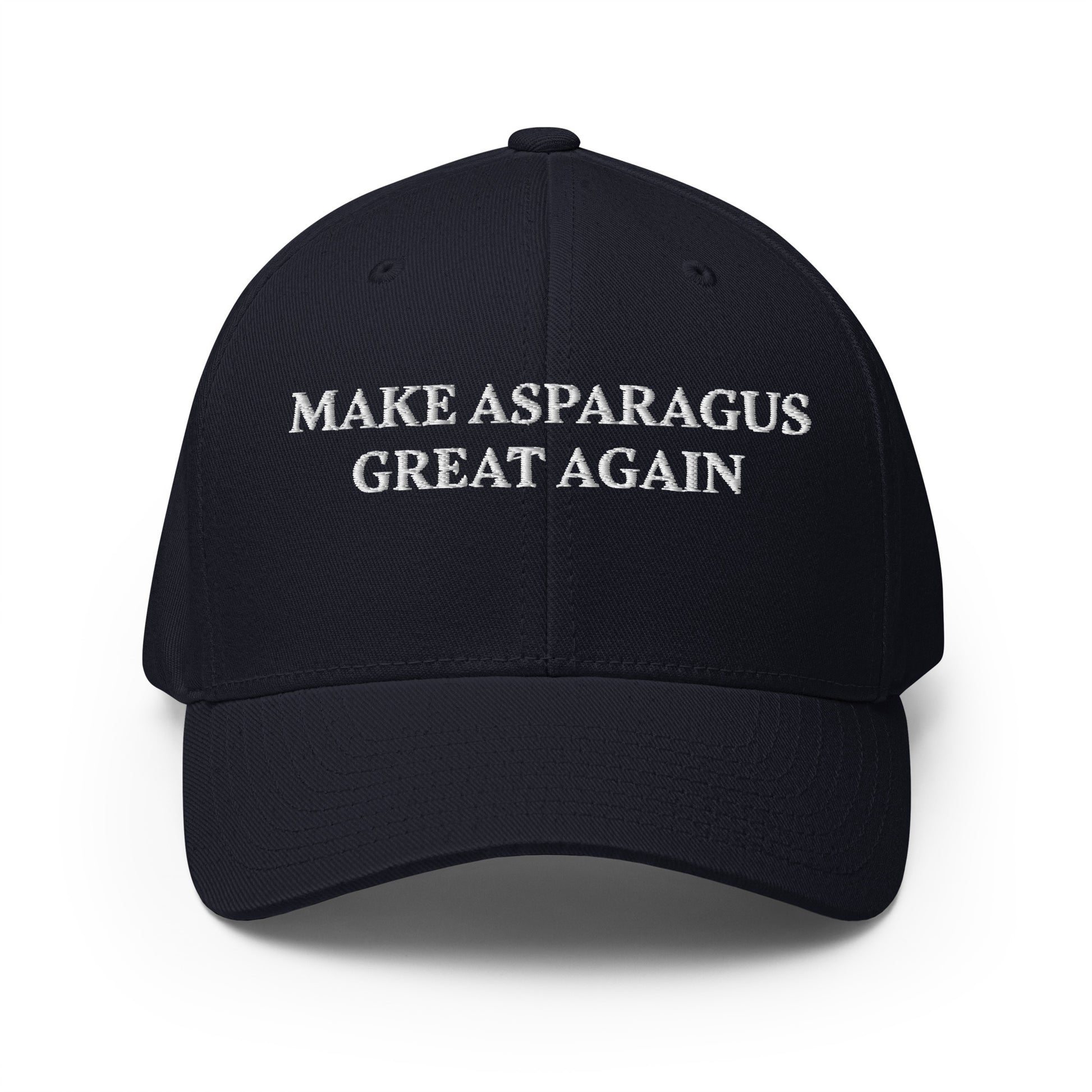 Navy Make Asparagus Great Again Fake MAGA Vegan Hat from Nina's Funky Shop by ninanush - Love asparagus? This Make Asparagus Great Again Hat is funny and sarcastic. Available in two sizes with an elastic stretch band, this hat is comfortable, comes in a variety of colors and is made just for you. It has an athletic shape with a curved visor and a sarcastic MAGA saying, expertly embroidered on the front.