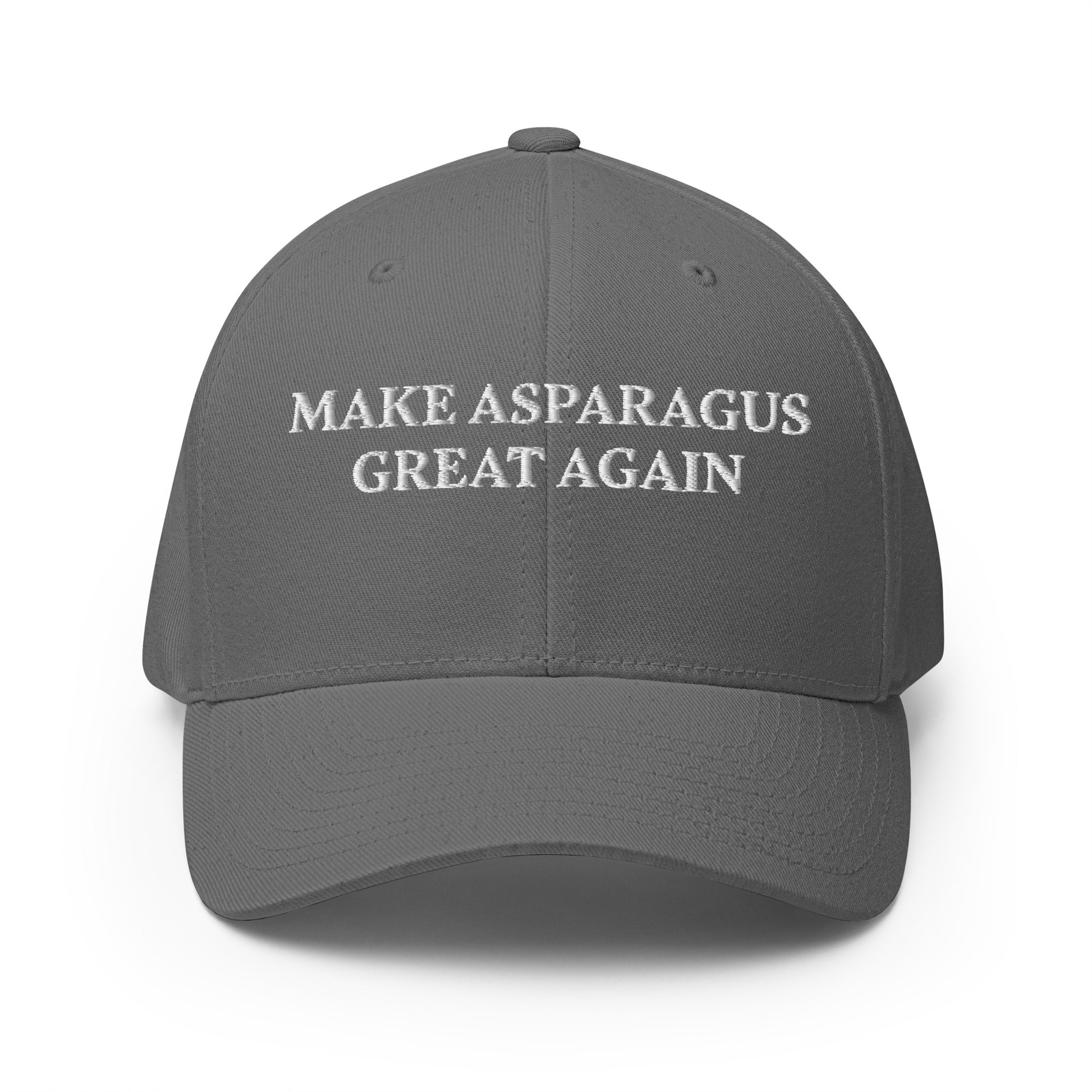 Gray sarcastic MAGA hat from Nina's Funky Shop by ninanush - Love asparagus? This Make Asparagus Great Again Hat is funny and sarcastic. Available in two sizes with an elastic stretch band, this hat is comfortable, comes in a variety of colors and is made just for you. It has an athletic shape with a curved visor and a sarcastic MAGA saying, expertly embroidered on the front.