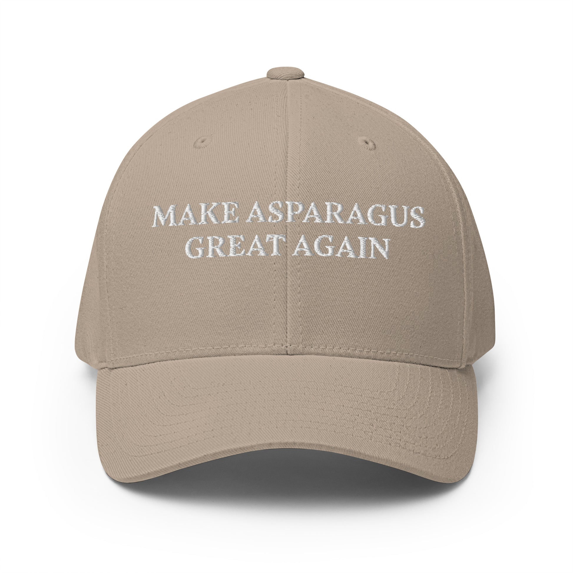 Khaki fake MAGA hat from Nina's Funky Shop by ninanush - Love asparagus? This Make Asparagus Great Again Hat is funny and sarcastic. Available in two sizes with an elastic stretch band, this hat is comfortable, comes in a variety of colors and is made just for you. It has an athletic shape with a curved visor and a sarcastic MAGA saying, expertly embroidered on the front.