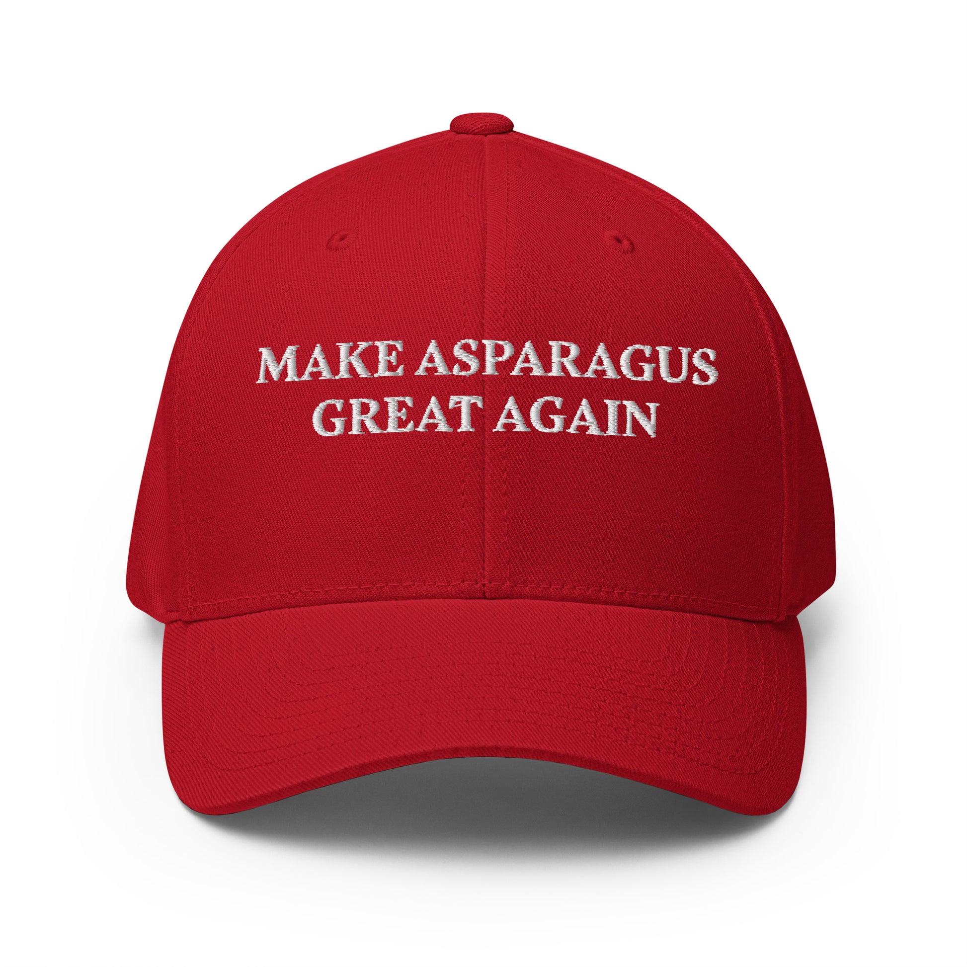 Red fake MAGA hat from Nina's Funky Shop by ninanush - Love asparagus? This Make Asparagus Great Again Hat is funny and sarcastic. Available in two sizes with an elastic stretch band, this hat is comfortable, comes in a variety of colors and is made just for you. It has an athletic shape with a curved visor and a sarcastic MAGA saying, expertly embroidered on the front. 