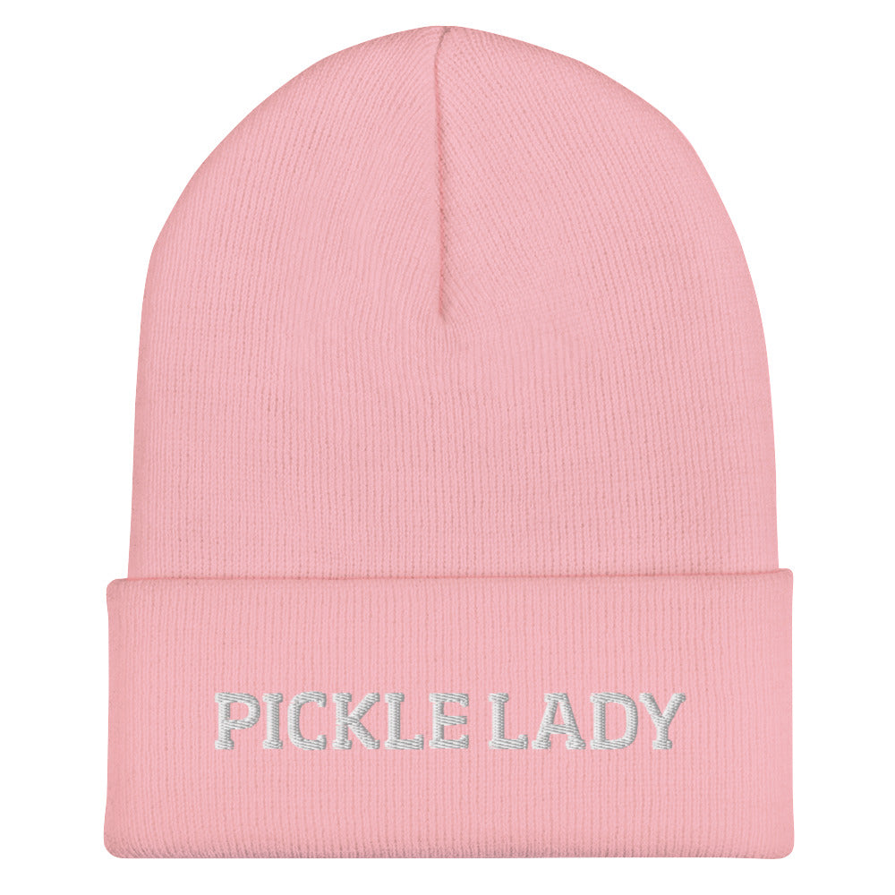 Pink pickle lady beanie from Nina's Funky Shop by ninanush - This pickle lady hat is warm, cozy and the perfect pickle enthusiast hat for pickle lovers of all kinds. Show off in this funny foodie beanie. It comes in a variety of bold colors, each expertly embroidered with the words "Pickle Lady". It's a statement hat for pickle lovers, designed by Nina and made just for you!