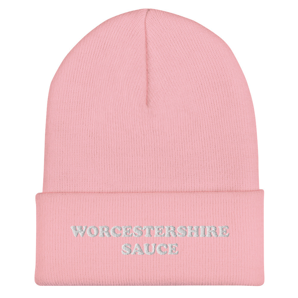 Light Pink Worcestershire Sauce Beanie from Nina's Funky Shop by ninanush - Do you love Worcestershire Sauce? Looking for a funny gift for a foodie? Our Worcestershire Sauce Beanie is perfect for Worcestershire enthusiasts of all kinds. Show off in this weird and funny foodie beanie. It's a statement embroidered hat for Worcestershire Sauce lovers, designed by Nina and made just for you!