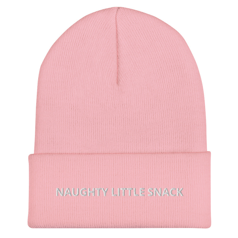 Light Pink Naughty Little Snack Beanie from Nina's Funky Shop by ninanush - Love naughty little snacks? Looking for a funny gift? Our Naughty Little Snack Beanie is warm, cozy and just what you need. It comes in a variety of colors, each expertly embroidered with the words "Naughty Little Snack". A funny foodie hat, designed by Nina and made just for you! Celebrate your favorite foods in our funky foodie apparel.