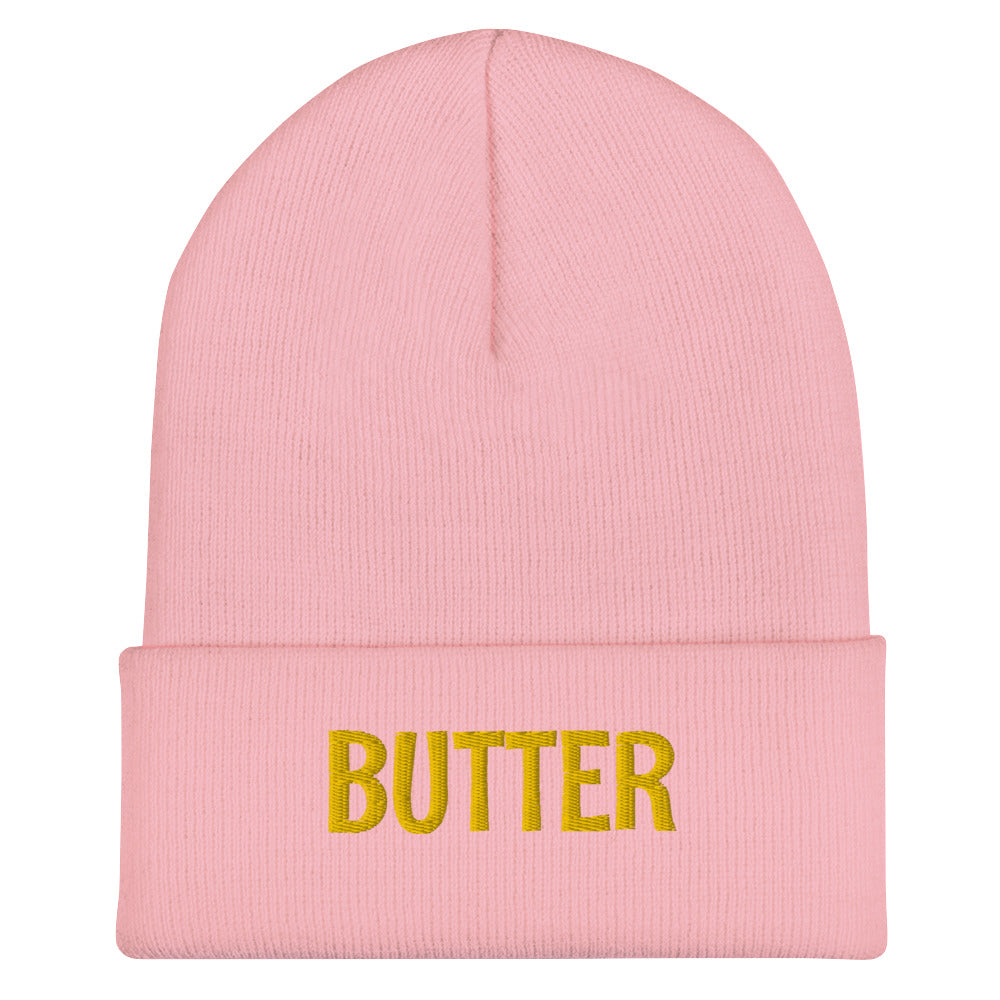 Light Pink Butter Beanie from Nina's Funky Shop - Do you love butter? Looking for a funny gift? Our Butter Beanie is warm, cozy and the perfect funny winter hat for foodies of all kinds. It comes in a variety of colors with "butter", expertly embroidered across the front. A statement hat for butter lovers, designed by Nina and made just for you!