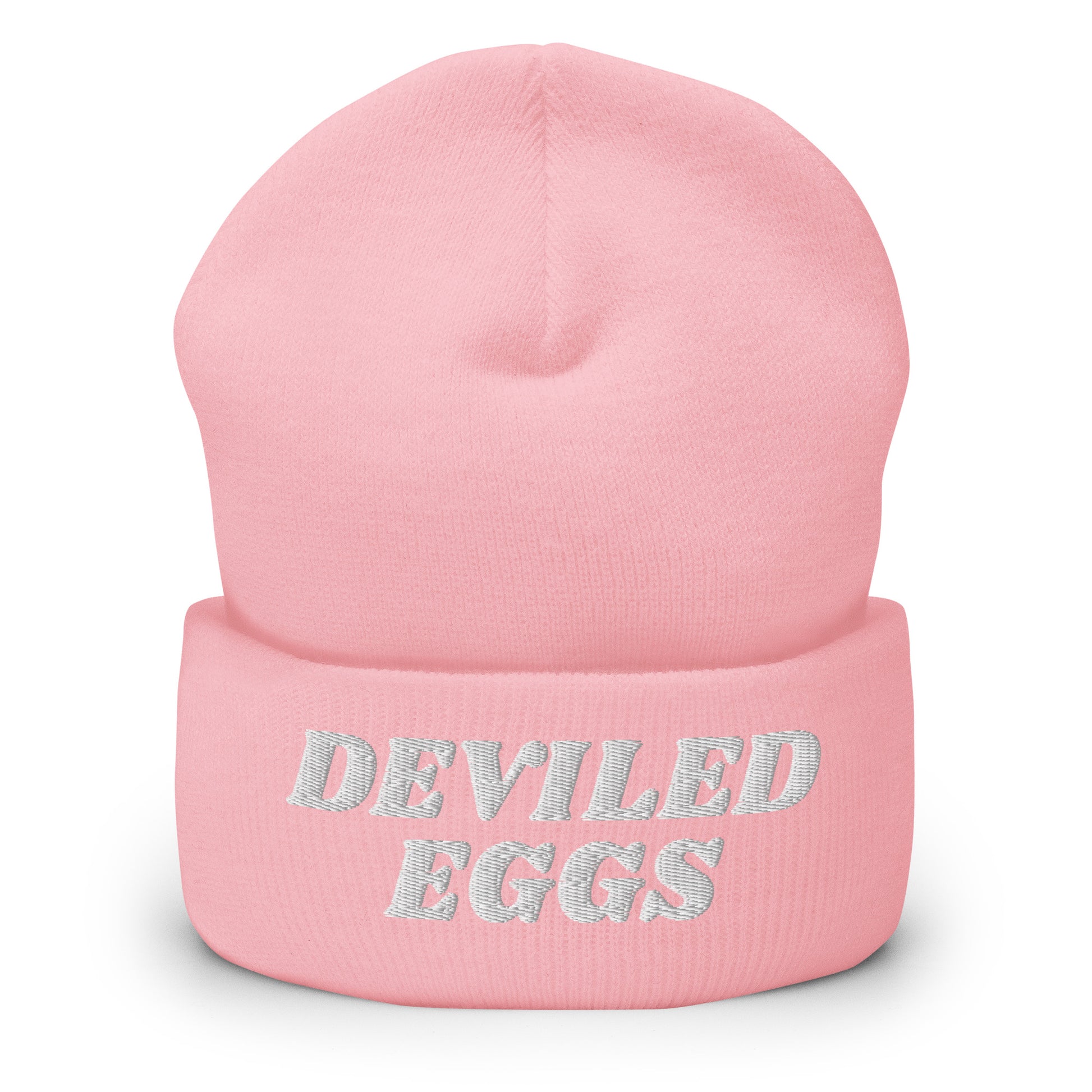 Pink Deviled Eggs Beanie - Our Deviled Eggs Beanie is warm, cozy and embroidered just for you! It's a funny beanie for deviled egg enthusiasts that comes in a variety of colors and embroidered just for you. A funny beanie for everyday streetwear or a gift for a foodie. 