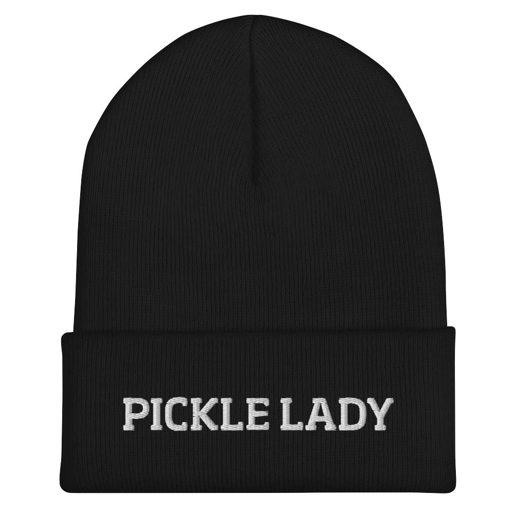 Black pickle lady beanie from Nina's Funky Shop by ninanush - This pickle lady hat is warm, cozy and the perfect pickle enthusiast hat for pickle lovers of all kinds. Show off in this funny foodie beanie. It comes in a variety of bold colors, each expertly embroidered with the words "Pickle Lady". It's a statement hat for pickle lovers, designed by Nina and made just for you!