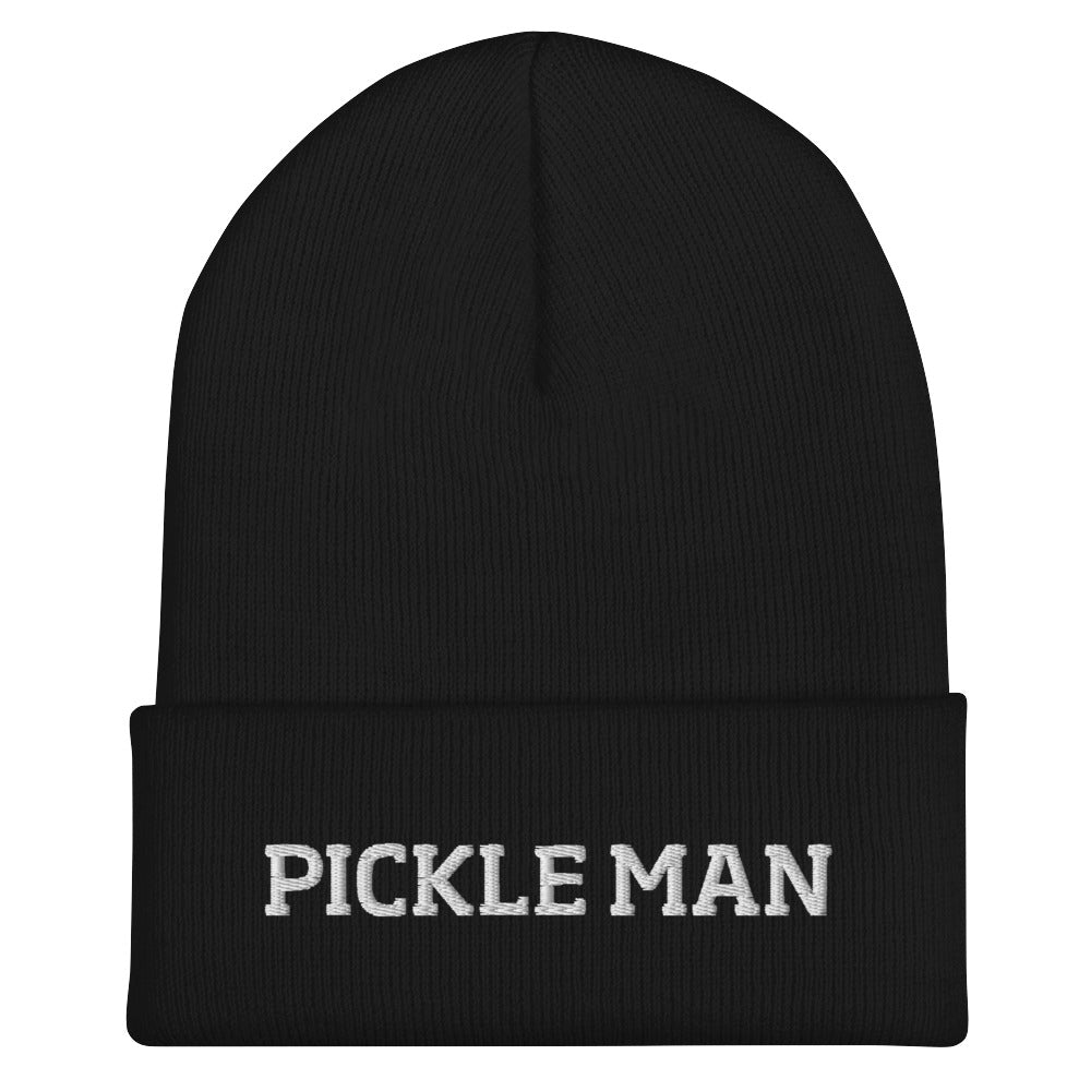 Black pickle man beanie from Nina's Funky Shop by ninanush - This pickle man hat is warm, cozy and the perfect pickle enthusiast hat for pickle lovers of all kinds. Show off in this funny foodie beanie. It comes in a variety of bold colors, each expertly embroidered with the words "Pickle Man". It's a statement hat for pickle lovers, designed by Nina and made just for you!