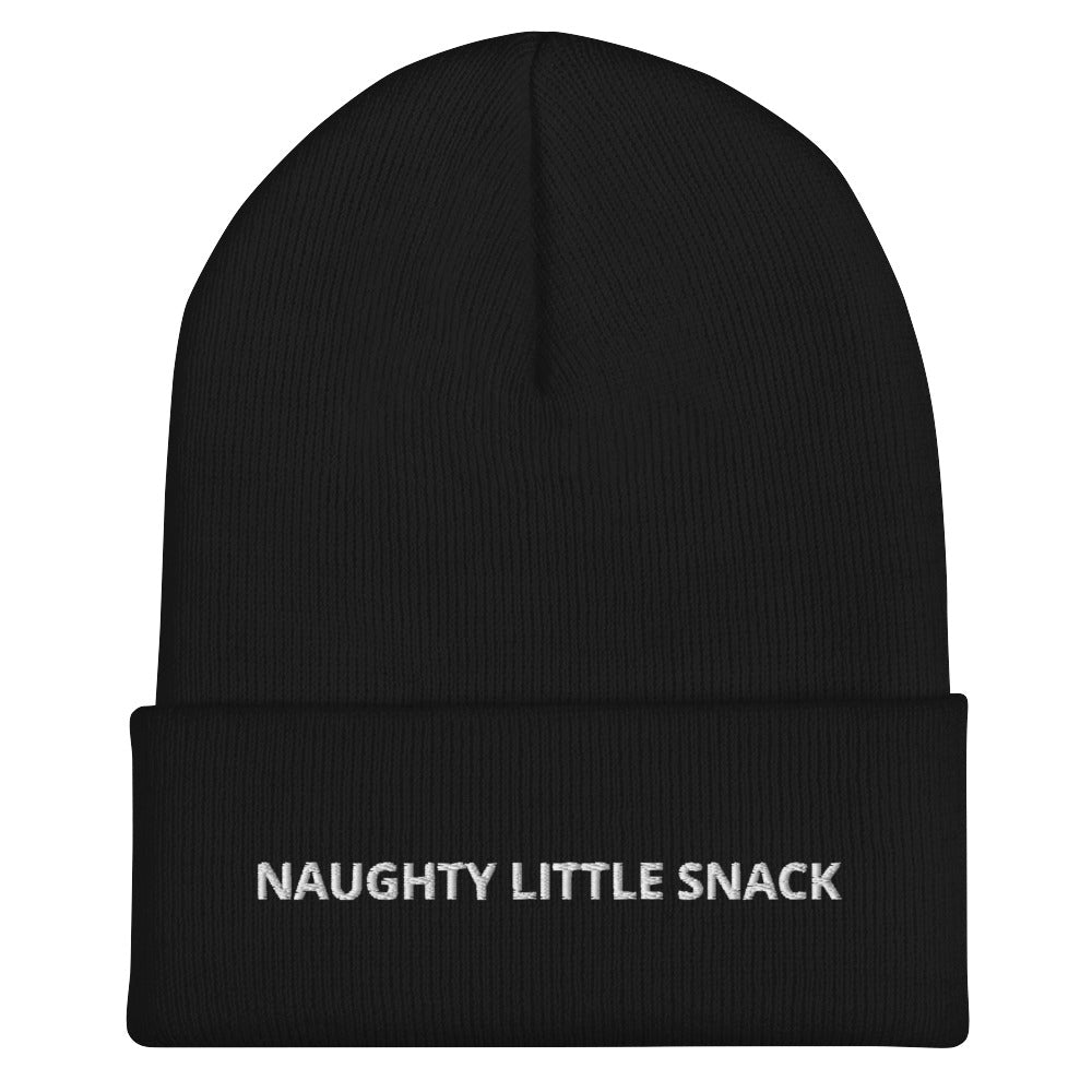 Black Naughty Little Snack Beanie from Nina's Funky Shop by ninanush - Love naughty little snacks? Looking for a funny gift? Our Naughty Little Snack Beanie is warm, cozy and just what you need. It comes in a variety of colors, each expertly embroidered with the words "Naughty Little Snack". A funny foodie hat, designed by Nina and made just for you! Celebrate your favorite foods in our funky foodie apparel.