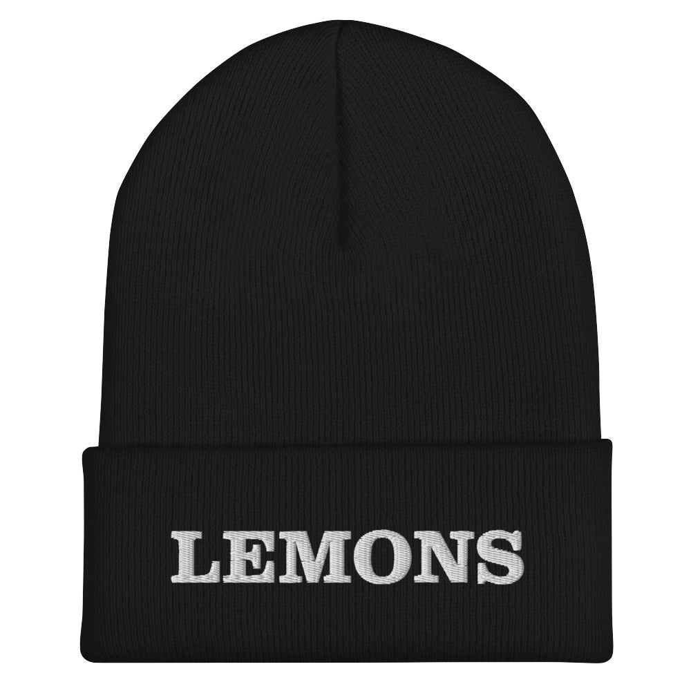 Black Lemons Beanie from Nina's Funky Shop by ninanush -Love Lemons? Looking for a funny foodie gift? Our Lemons Beanie is warm, cozy and the perfect cold weather hat for everyday streetwear. It comes in a variety of colors, expertly embroidered with "Lemons" across the front. Celebrate your favorite foods in our funky foodie apparel, designed by Nina and made just for you! 