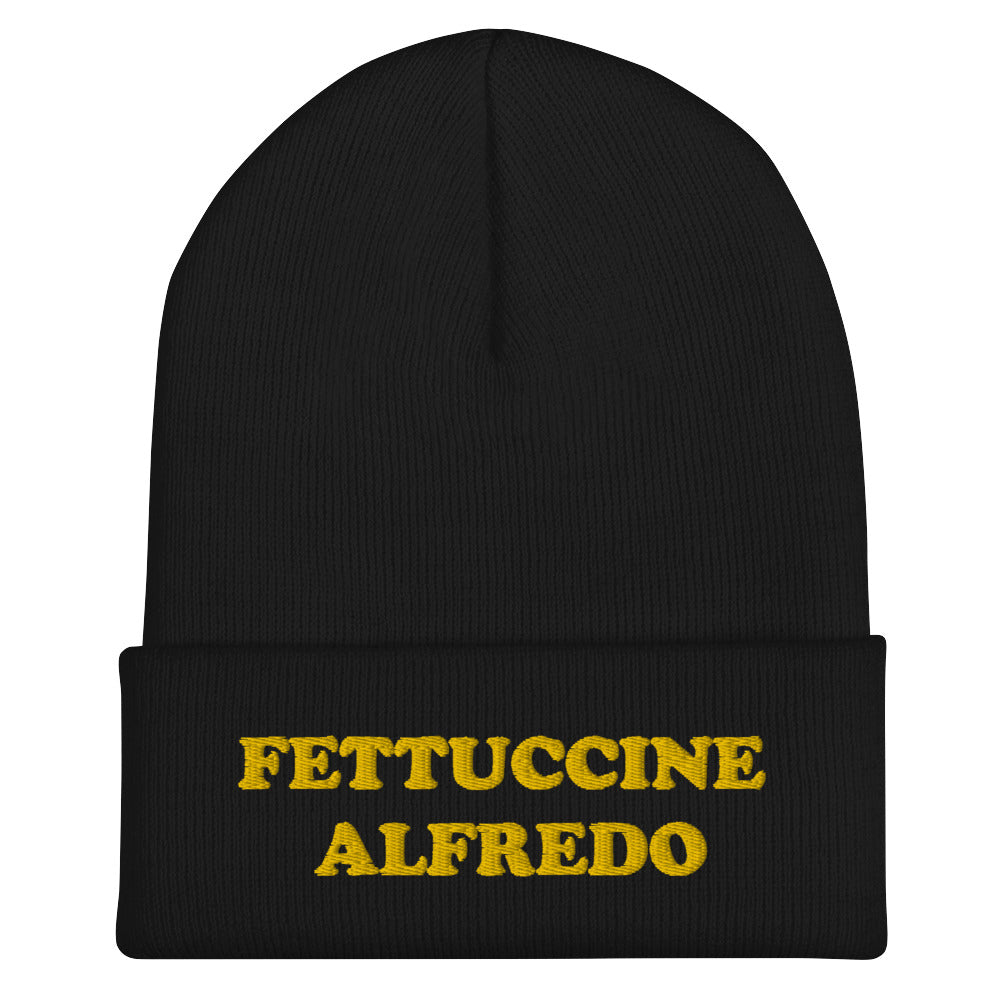 Black Hat with Fettuccine Alfredo Embroidered in Yellow - Do you love Fettuccine Alfredo? Are you looking for a funny gift for a foodie friend? Our Fettuccine Alfredo Beanie is the perfect funky hat for fettuccine enthusiasts. Celebrate patsa in this funny beanie for foodies. It comes in a variety of colors, each hat with Fettuccine Alfredo embroidered in yellow.