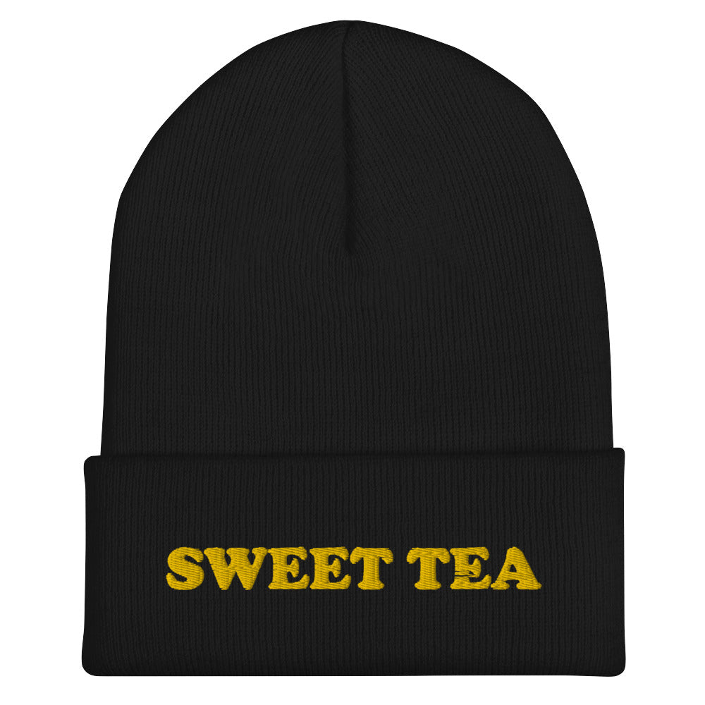 Black Beanie with Sweet Tea Embroidered on the front - Love sweet tea? Looking for a funny gift for sweet tea enthusiast? Our sweet tea hat is warm, cozy and the perfect embroidered beanie for everyday style. It comes in a variety of colors with "sweet tea", expertly embroidered across the front. Celebrate your favorite foods in our funky foodie apparel. Designed by Nina and made just for you! 