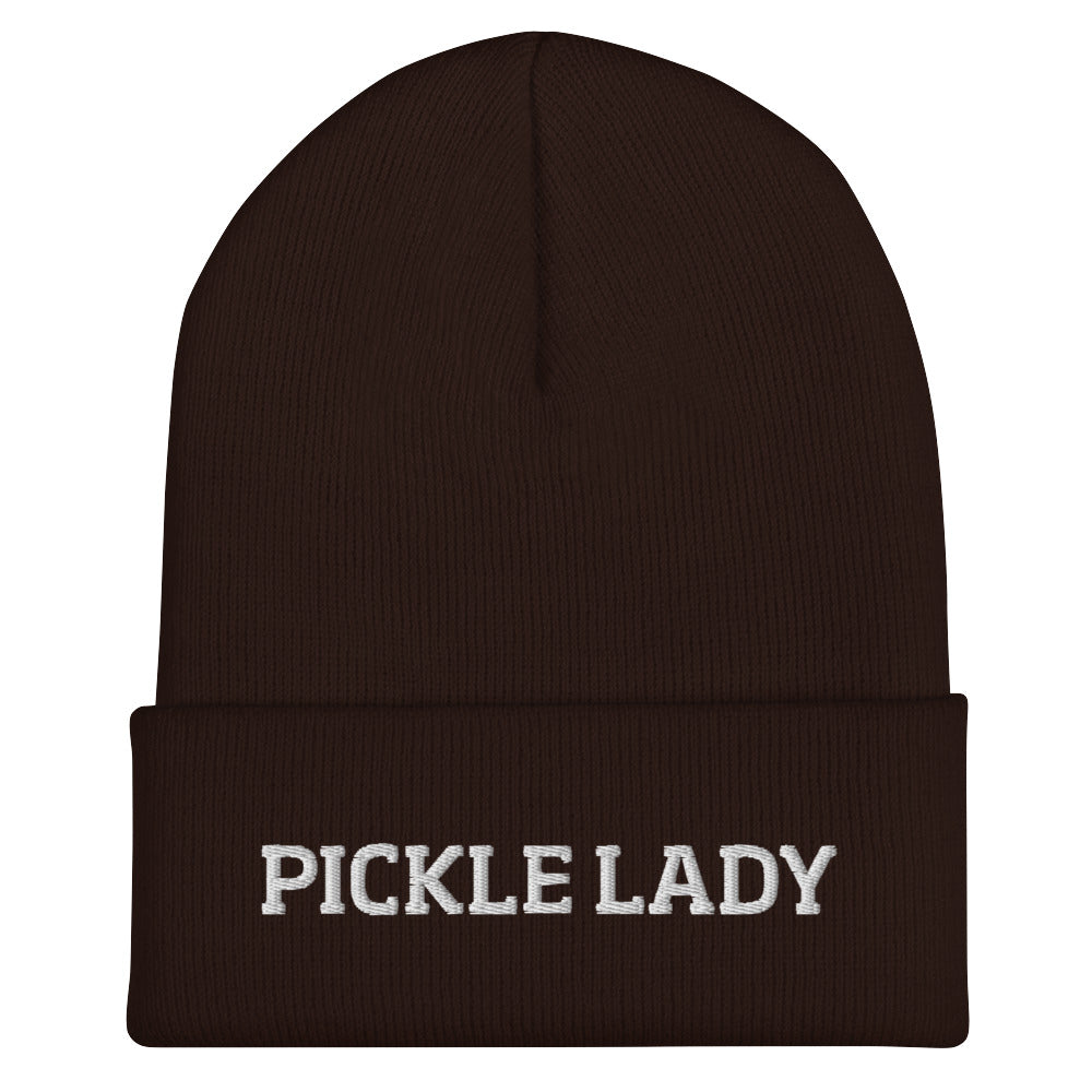 Brown pickle lady beanie from Nina's Funky Shop by ninanush - This pickle lady hat is warm, cozy and the perfect pickle enthusiast hat for pickle lovers of all kinds. Show off in this funny foodie beanie. It comes in a variety of bold colors, each expertly embroidered with the words "Pickle Lady". It's a statement hat for pickle lovers, designed by Nina and made just for you!