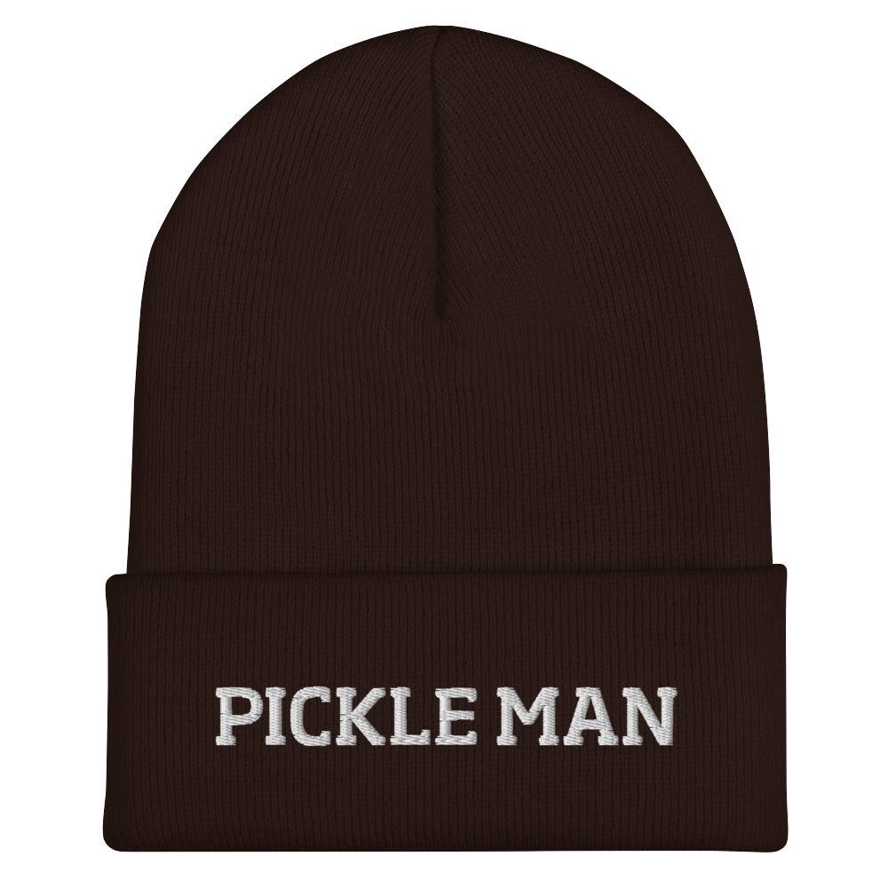 Brown pickle man beanie from Nina's Funky Shop by ninanush - This pickle man hat is warm, cozy and the perfect pickle enthusiast hat for pickle lovers of all kinds. Show off in this funny foodie beanie. It comes in a variety of bold colors, each expertly embroidered with the words "Pickle Man". It's a statement hat for pickle lovers, designed by Nina and made just for you!