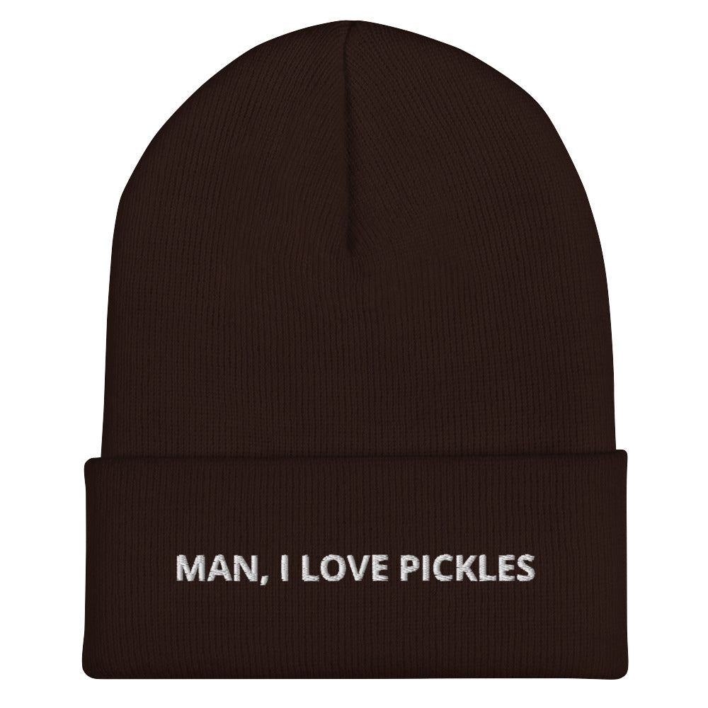 Brown Man, I Love Pickles Hat from Nina's Funky Shop by ninanush - It's a funny pickle beanie for pickle enthusiasts of all kinds. When you're wearing this hat, everyone will know just how you feel about pickles. It comes in a variety of bold colors, each expertly embroidered with the words "Man, I Love Pickles". A statement hat for pickle lovers, designed by Nina and made just for you!