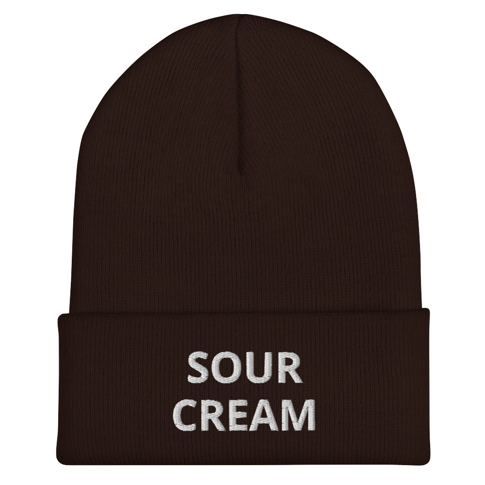 Brown Sour Cream Beanie from Nina's Funky Shop by ninanush - Do you love sour cream? Looking for a funny gift for a foodie friend? Our Sour Cream Beanie is warm, cozy and the perfect snug, form fitting beanie for sour cream enthusiasts of all kinds. This funny foodie beanie comes in a variety of colors, each expertly embroidered with the words "Sour Cream". Designed by Nina