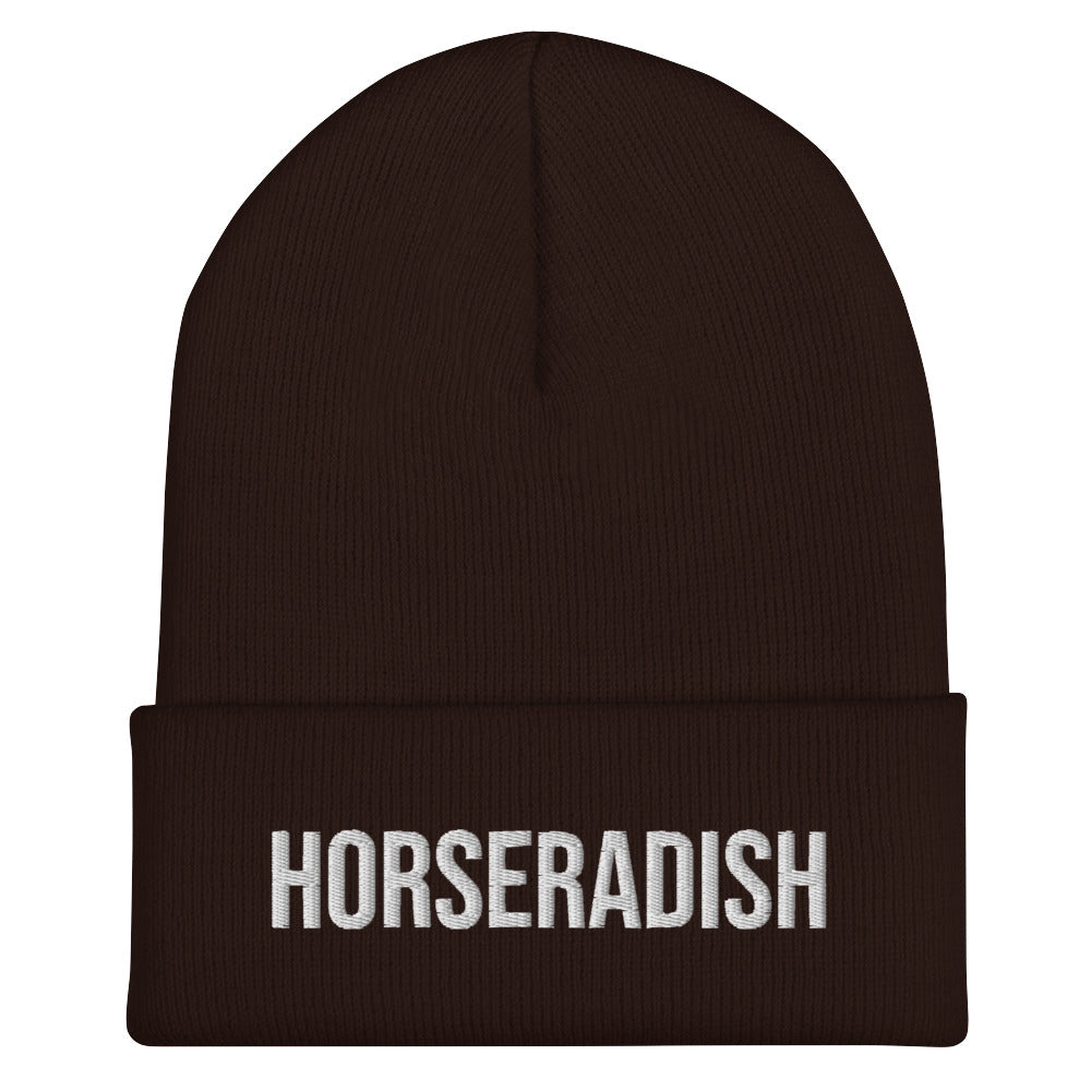 Brown horseradish beanie from Nina's Funky Shop by ninanush - Do you love horseradish? Looking for a funny gift for a horseradish lover? Our Horseradish Beanie is warm, cozy and the perfect weird hat for horseradish enthusiasts of all kinds. This funny foodie beanie is snug, formfitting, and comes in a variety of colors, each expertly embroidered with the words "horseradish".