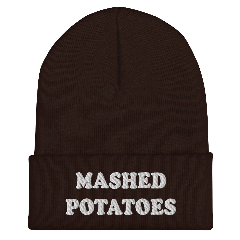 Brown  Mashed Potato Beanie from Nina's Funky Shop by ninanush - Do you love mashed potatoes? Are you looking for a funny gift for a foodie friend? Our Mashed Potatoes Beanie is warm, cozy and the perfect funky hat for potato enthusiasts of all kinds. Show off in this funny foodie beanie. It comes in a variety of colors, each expertly embroidered with the words "Mashed Potatoes".