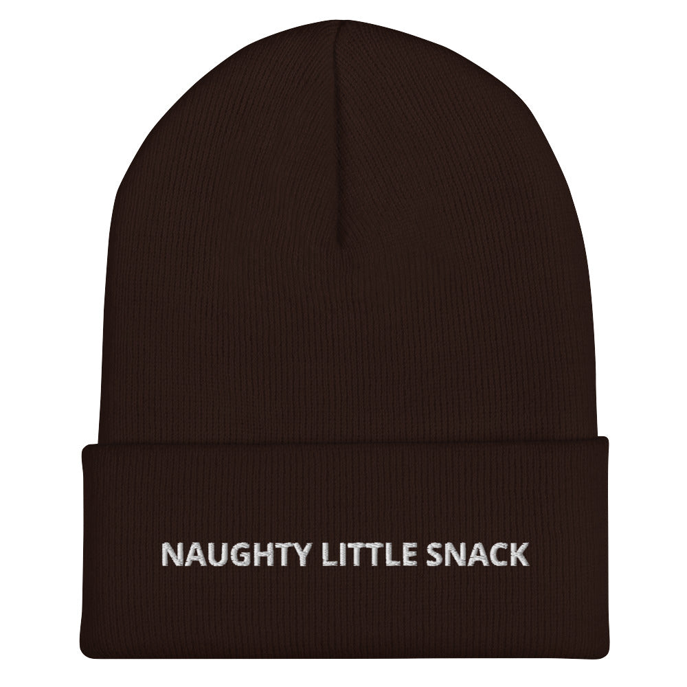 Brown Naughty Little Snack Beanie from Nina's Funky Shop by ninanush - Love naughty little snacks? Looking for a funny gift? Our Naughty Little Snack Beanie is warm, cozy and just what you need. It comes in a variety of colors, each expertly embroidered with the words "Naughty Little Snack". A funny foodie hat, designed by Nina and made just for you! Celebrate your favorite foods in our funky foodie apparel.