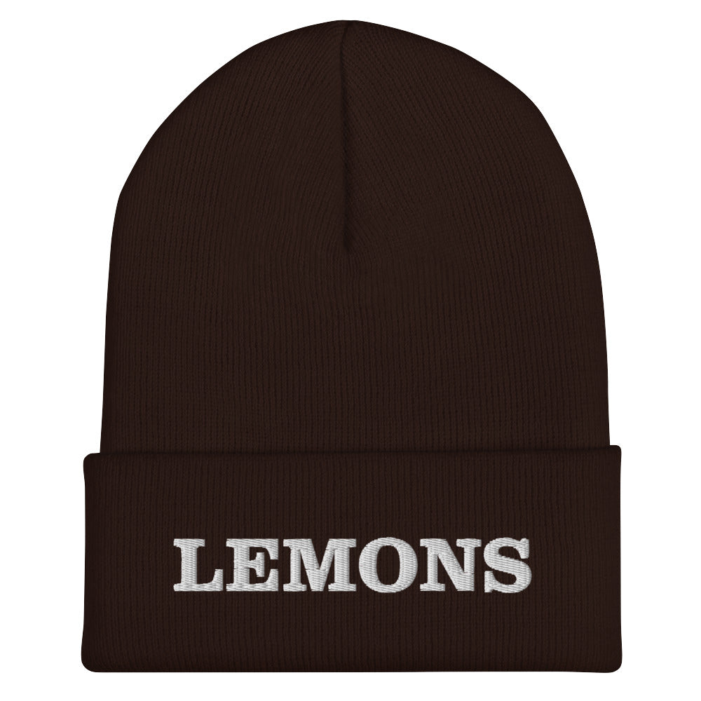 Brown Lemons Beanie from Nina's Funky Shop by ninanush -Love Lemons? Looking for a funny foodie gift? Our Lemons Beanie is warm, cozy and the perfect cold weather hat for everyday streetwear. It comes in a variety of colors, expertly embroidered with "Lemons" across the front. Celebrate your favorite foods in our funky foodie apparel, designed by Nina and made just for you!