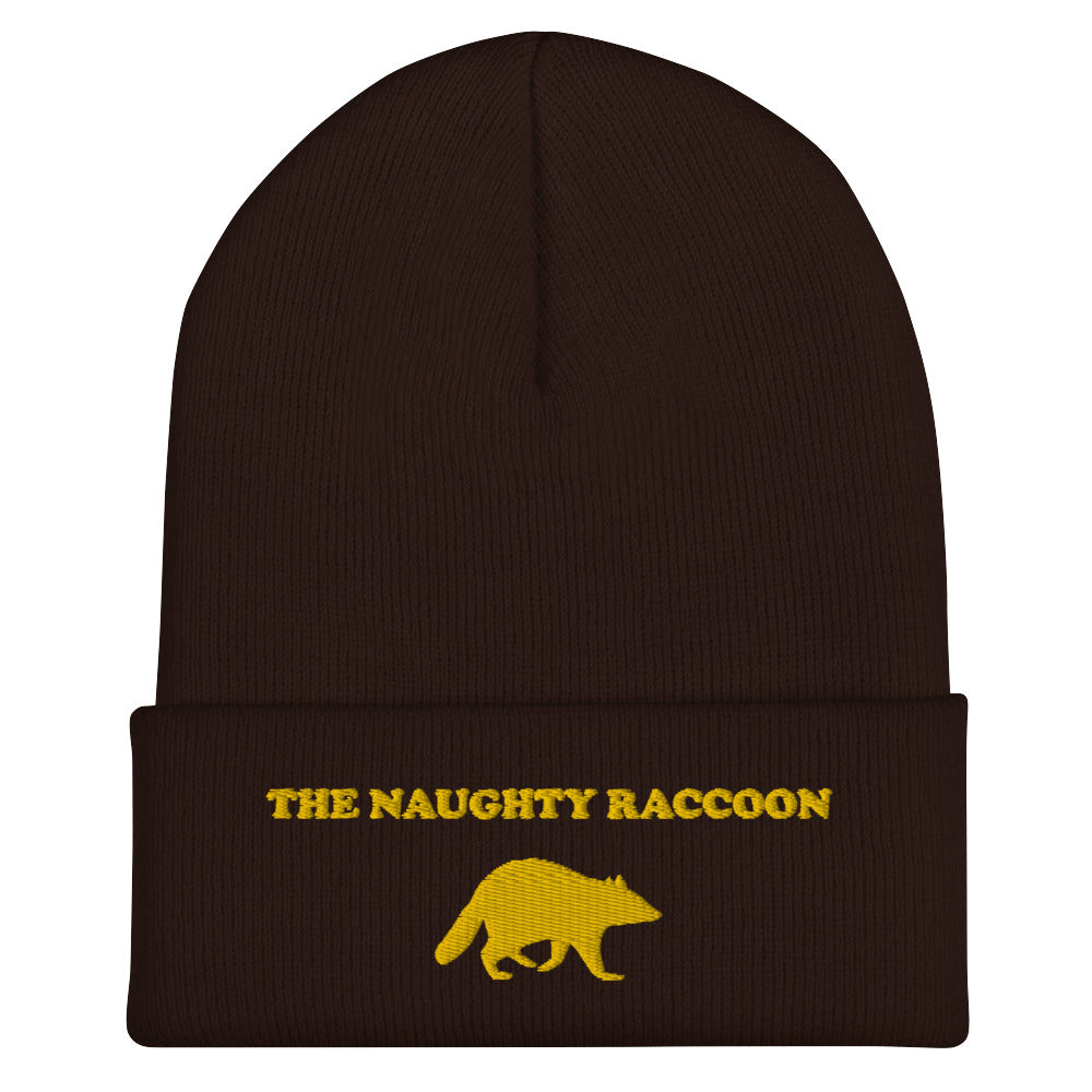 Brown beanie with a naughty raccoon embroidery from Nina's Funky Shop by ninanush - Love Raccoons? Our Naughty Raccoon Beanie is warm, cozy and the perfect funny hat for raccoon enthusiasts of all kinds. This unique foodie beanie is snug, formfitting, and comes in a variety of colors, each expertly embroidered with the "The Naughty Raccoon" and a raccoon silhouette. A unique accessory for raccoon lovers, designed by Nina and made just for you!