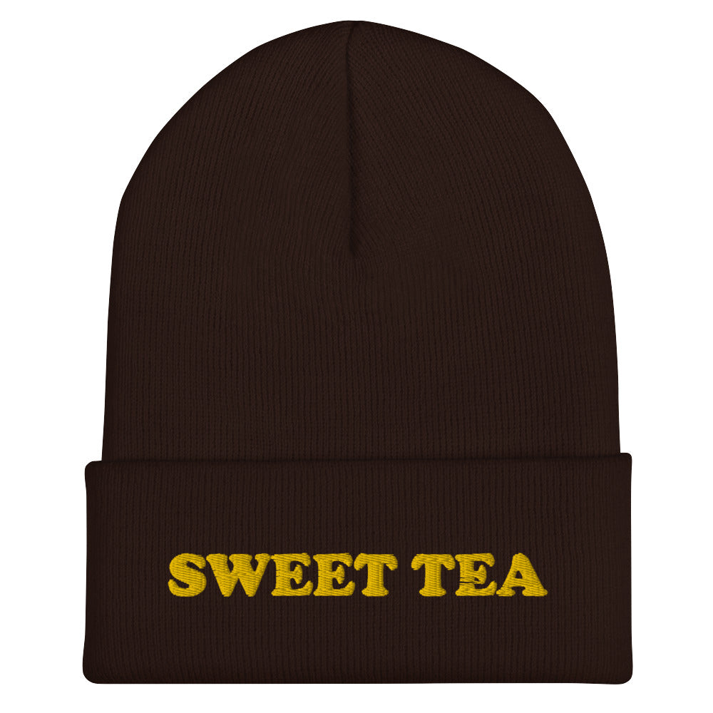 Brown Beanie with Sweet Tea Embroidered on the front - Love sweet tea? Looking for a funny gift for sweet tea enthusiast? Our sweet tea hat is warm, cozy and the perfect embroidered beanie for everyday style. It comes in a variety of colors with "sweet tea", expertly embroidered across the front. Celebrate your favorite foods in our funky foodie apparel. Designed by Nina and made just for you!