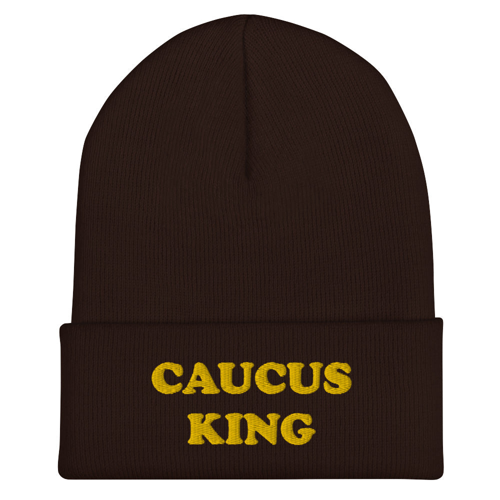 Brown Caucus Beanie - A colorful beanie with "Caucus King", expertly embroidered across the front. The perfect funny hat for a caucus. Check out our caucus queen beanie, too! Looking for something more personalized? Shoot us an email! shop@ninanush.com We can change the text and/or the embroidery color to create a design you'll love!