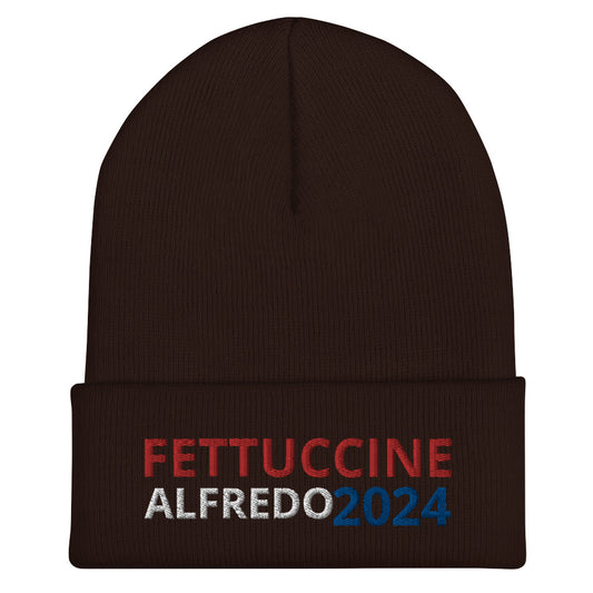 Brown Fettuccine Alfredo 2024 Funny Election Hat - The perfect funny election hat for Fettuccine Alfredo enthusiasts and foodies of all kinds. This beanie is warm, cozy and comes in a variety of colors with "fettuccine Alfredo 2024", expertly embroidered on the front. Looking for something more personalized? Shoot us an email! shop@ninanush.com