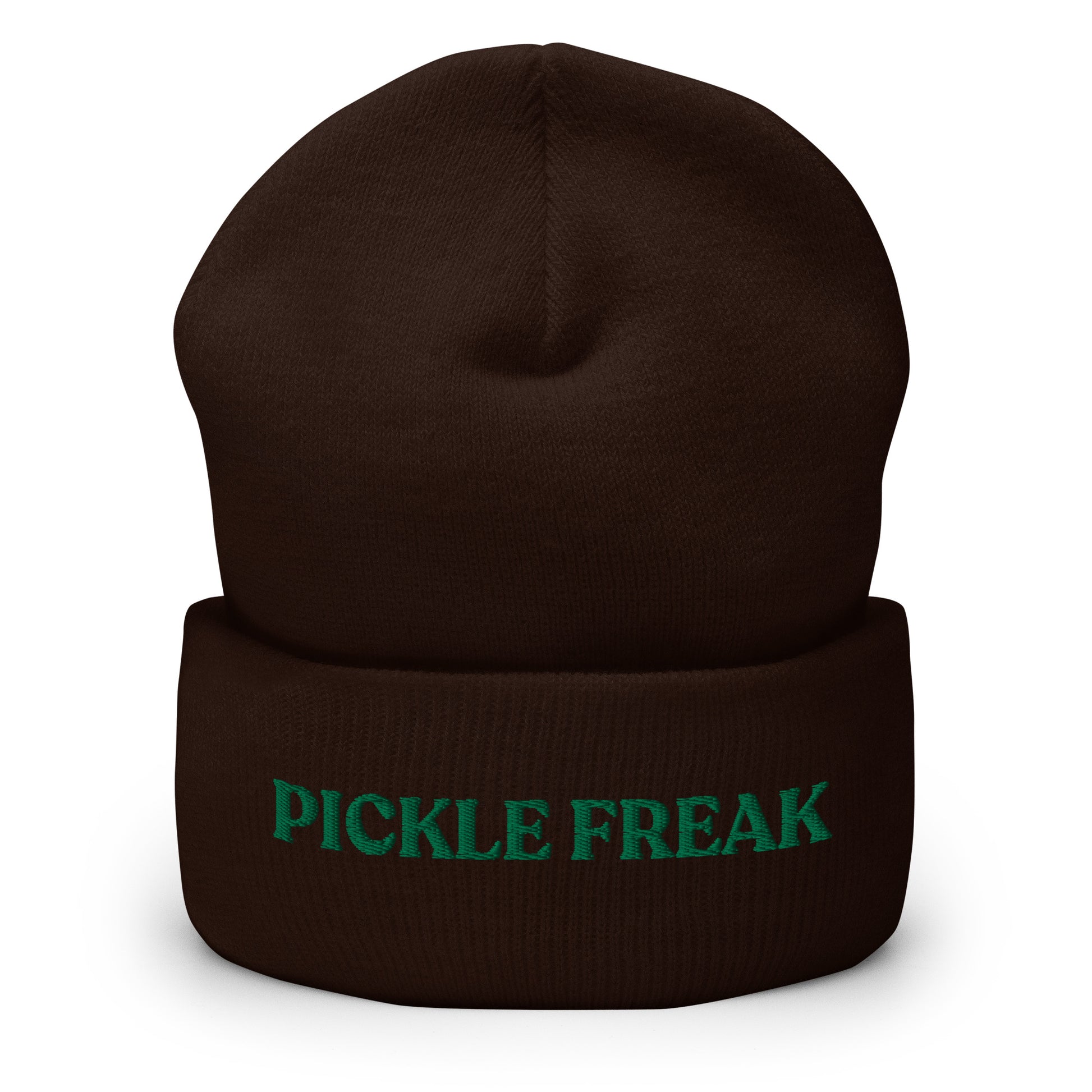 Brown Our Pickle Freak Beanie is warm, cozy and embroidered just for you! It's a funny beanie for pickle enthusiasts that comes in a variety of colors. A perfect warm hat for pickle lovers or a funny gift for a foodie.