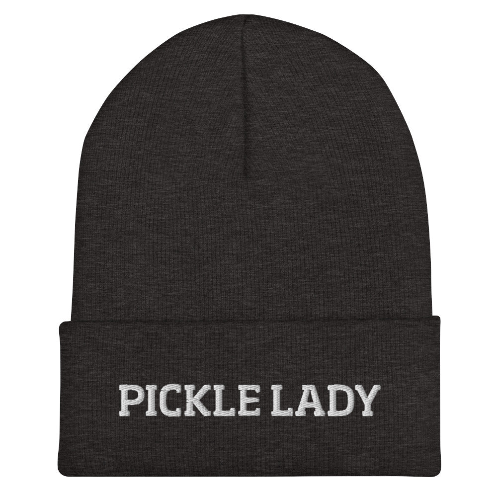 Gray pickle lady beanie from Nina's Funky Shop by ninanush - This pickle lady hat is warm, cozy and the perfect pickle enthusiast hat for pickle lovers of all kinds. Show off in this funny foodie beanie. It comes in a variety of bold colors, each expertly embroidered with the words "Pickle Lady". It's a statement hat for pickle lovers, designed by Nina and made just for you!