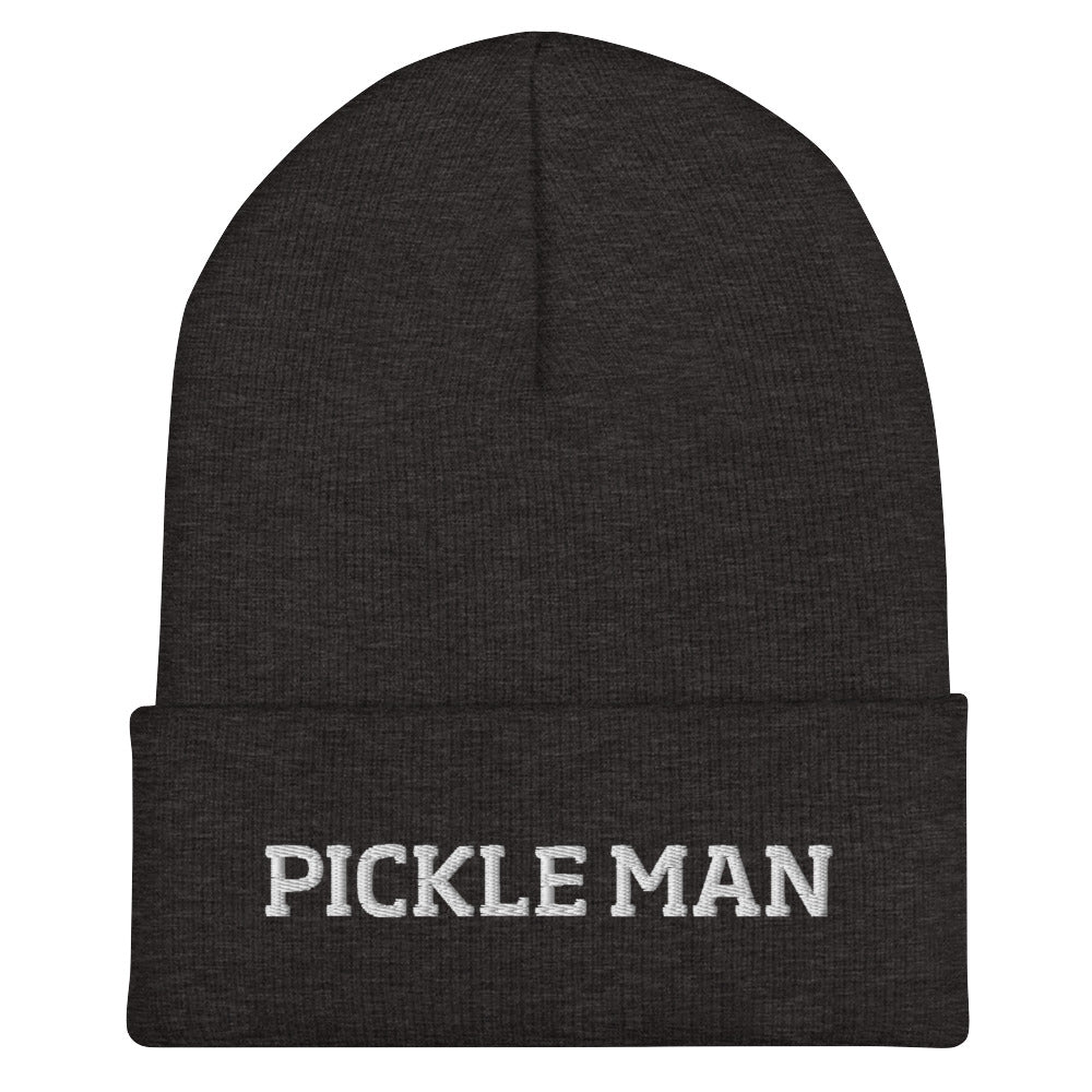 Dark gray pickle man beanie from Nina's Funky Shop by ninanush - This pickle man hat is warm, cozy and the perfect pickle enthusiast hat for pickle lovers of all kinds. Show off in this funny foodie beanie. It comes in a variety of bold colors, each expertly embroidered with the words "Pickle Man". It's a statement hat for pickle lovers, designed by Nina and made just for you!