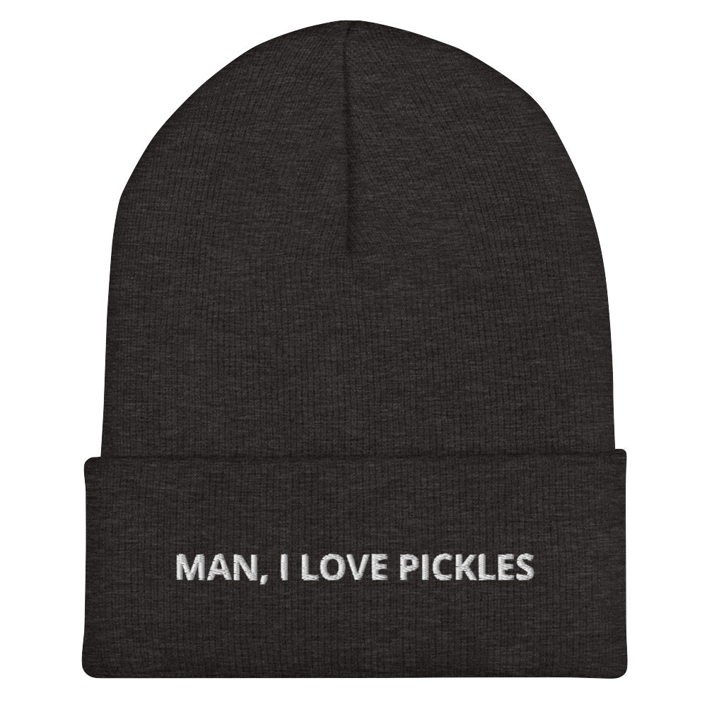 Dark gray Man, I Love Pickles Hat from Nina's Funky Shop by ninanush - It's a funny pickle beanie for pickle enthusiasts of all kinds. When you're wearing this hat, everyone will know just how you feel about pickles. It comes in a variety of bold colors, each expertly embroidered with the words "Man, I Love Pickles". A statement hat for pickle lovers, designed by Nina and made just for you!